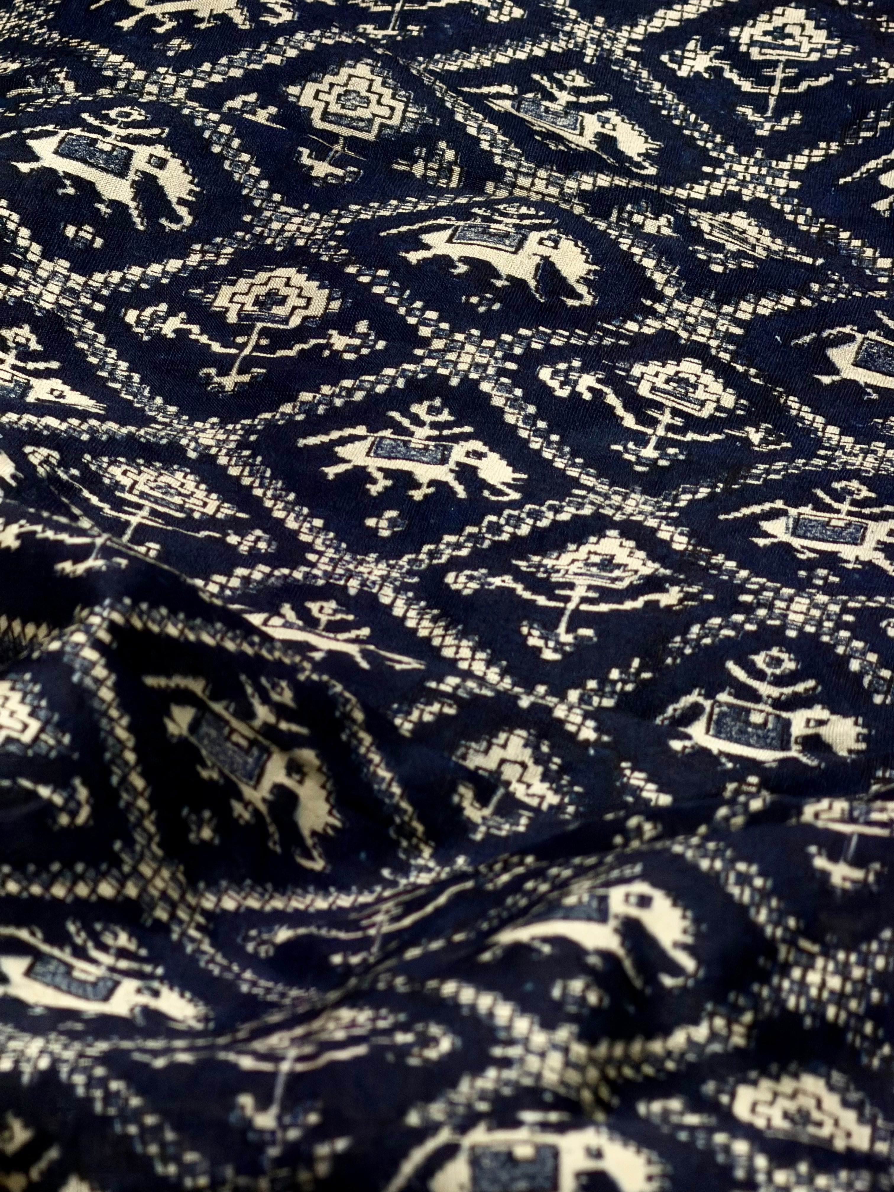 Indigo Chanderi Silk Fabric With Diamond Pattern