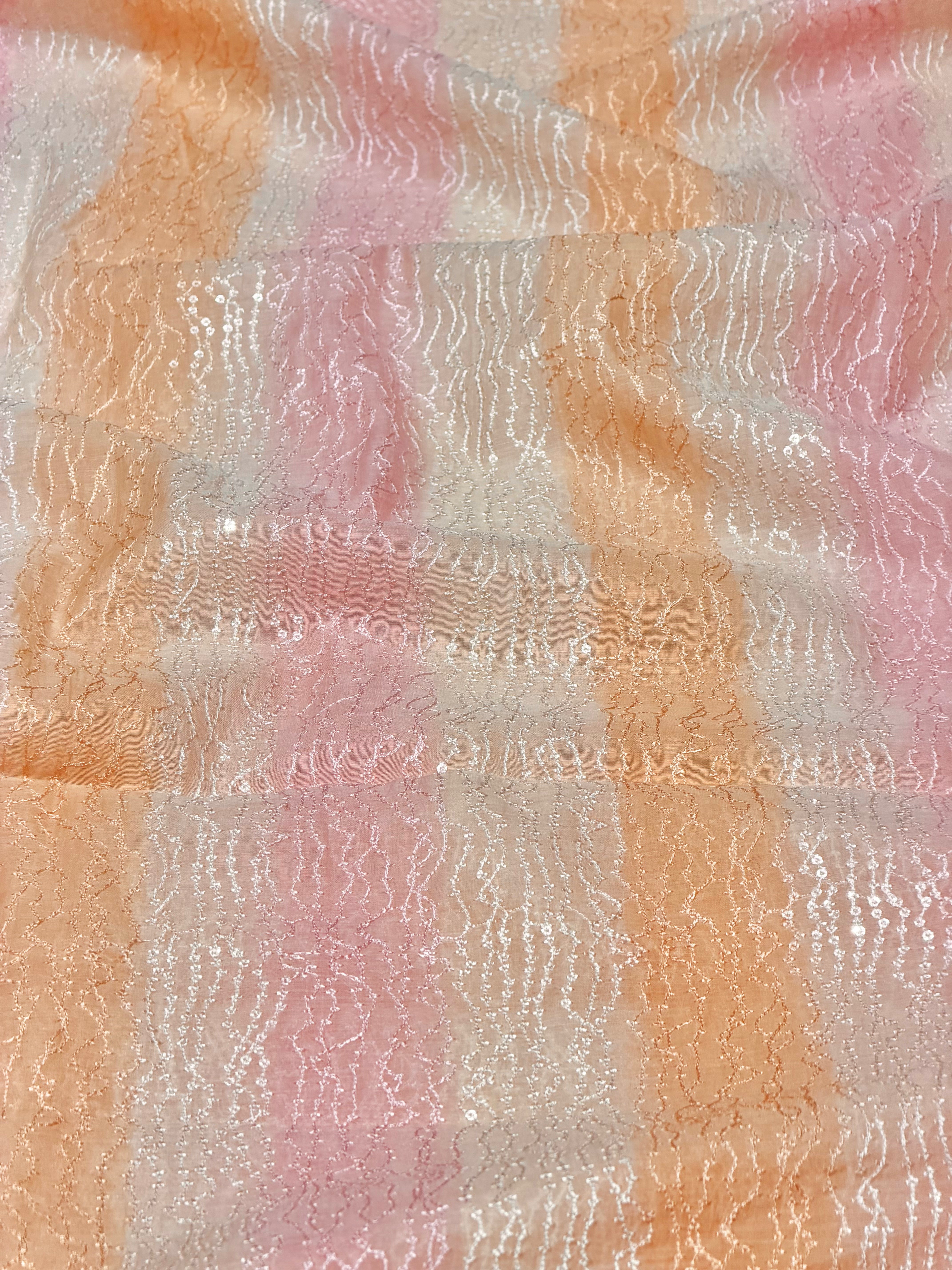Peach Pink Rangkaat Dye Pure Mul Cotton Fabric With Sequin Embroidery