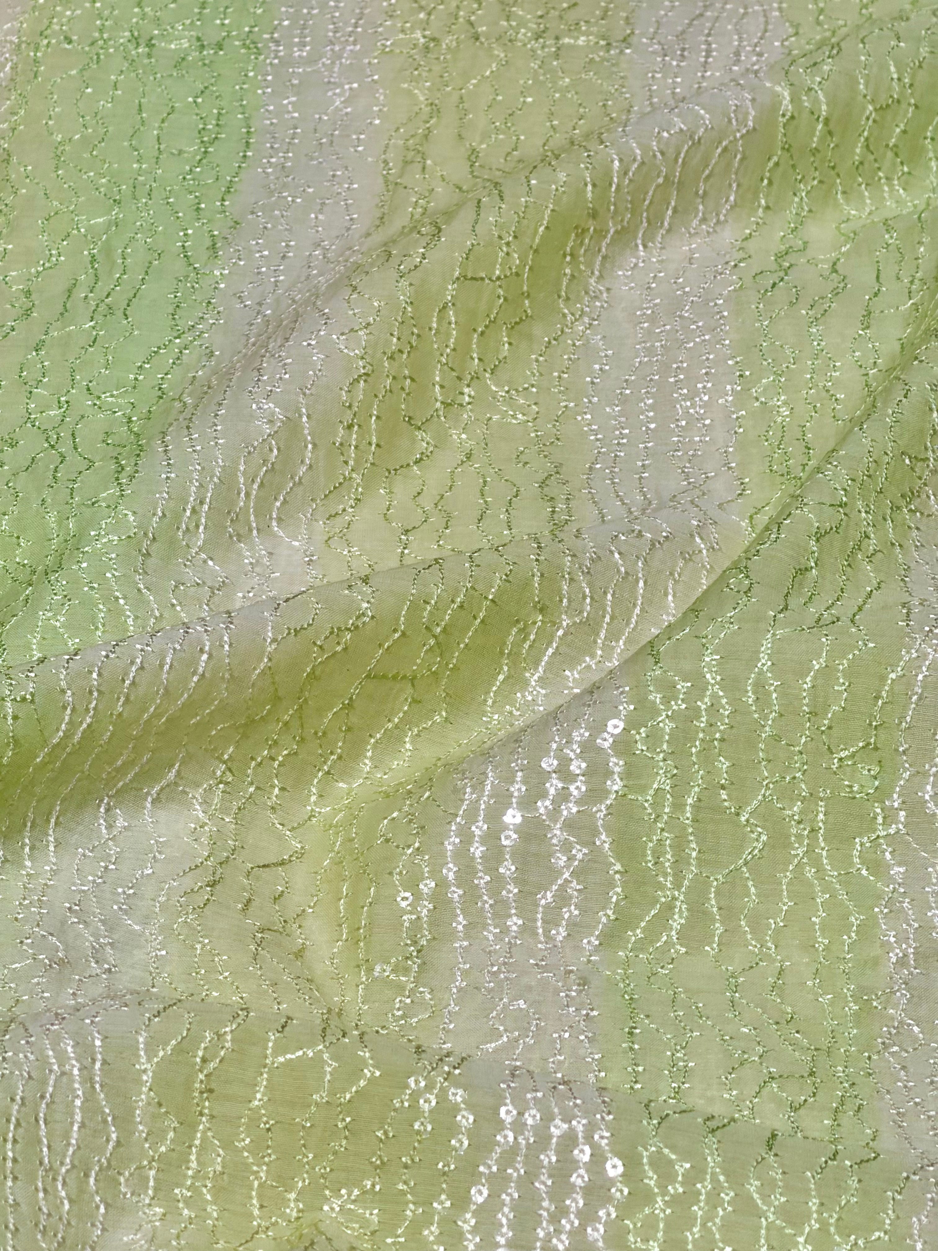 Pastel Green Rangkaat Dye Pure Mul Cotton Fabric With Sequin Embroidery