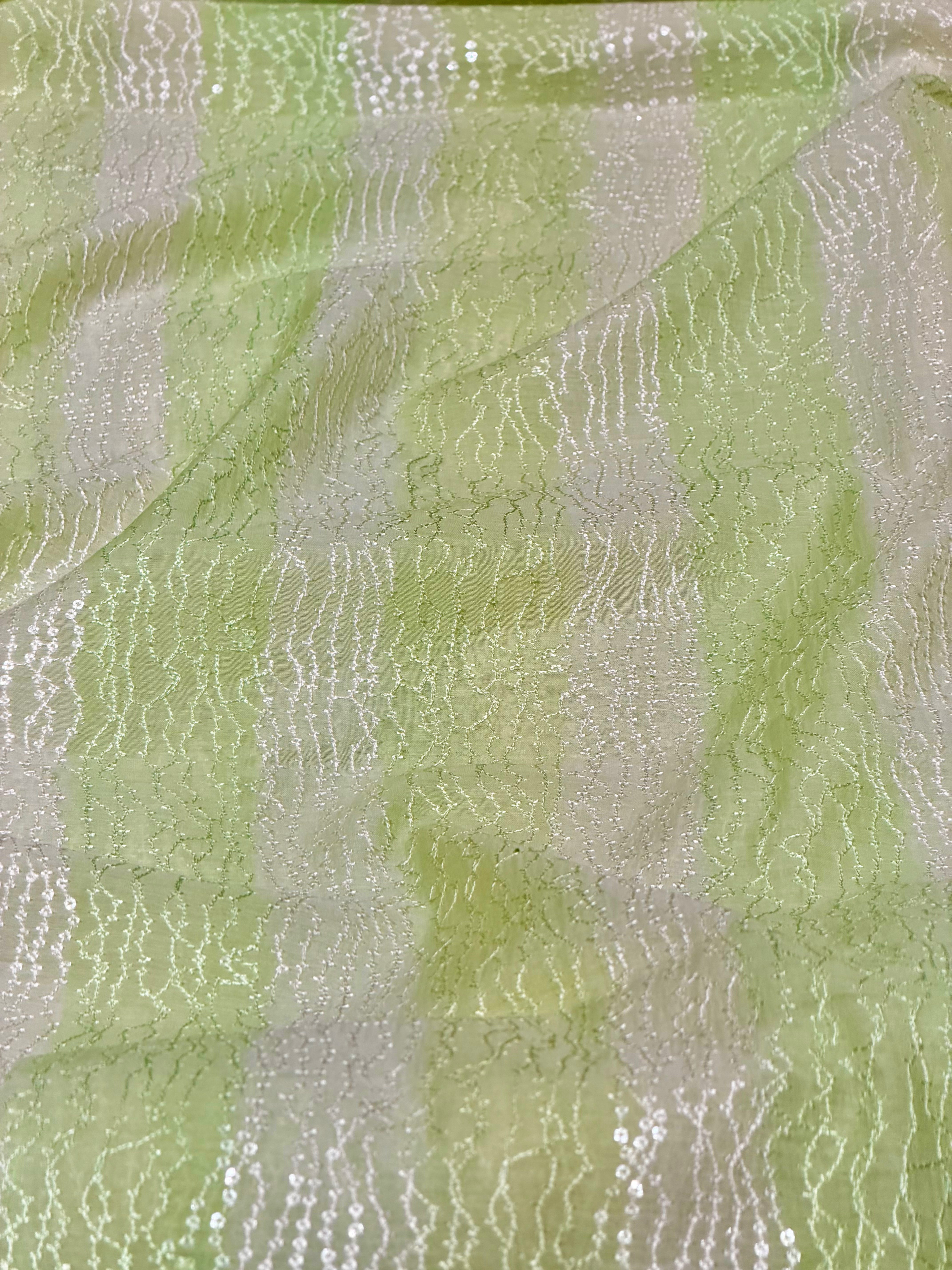 Pastel Green Rangkaat Dye Pure Mul Cotton Fabric With Sequin Embroidery