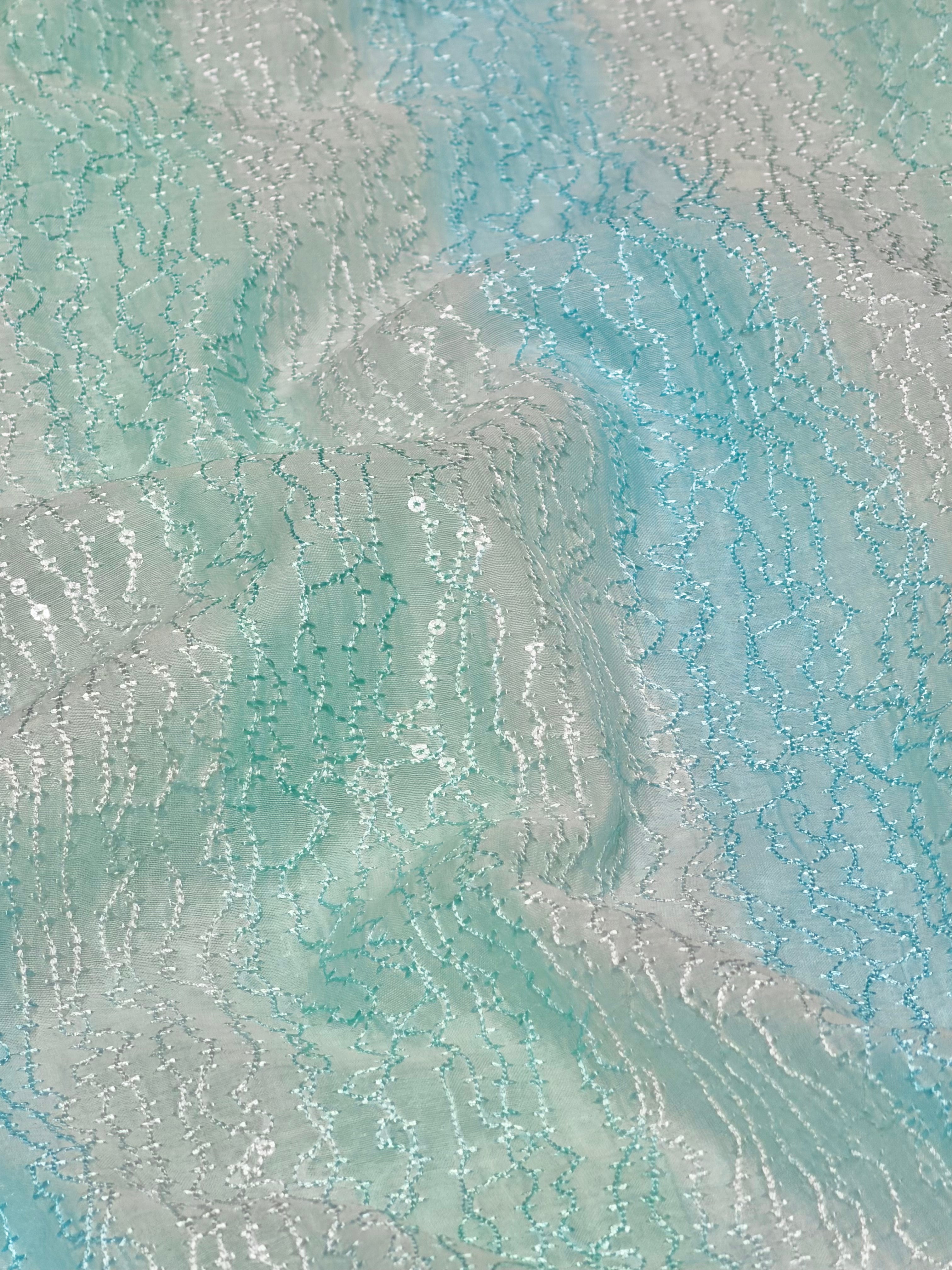 Pastel Blue Rangkaat Dye Pure Mul Cotton Fabric With Sequin Embroidery