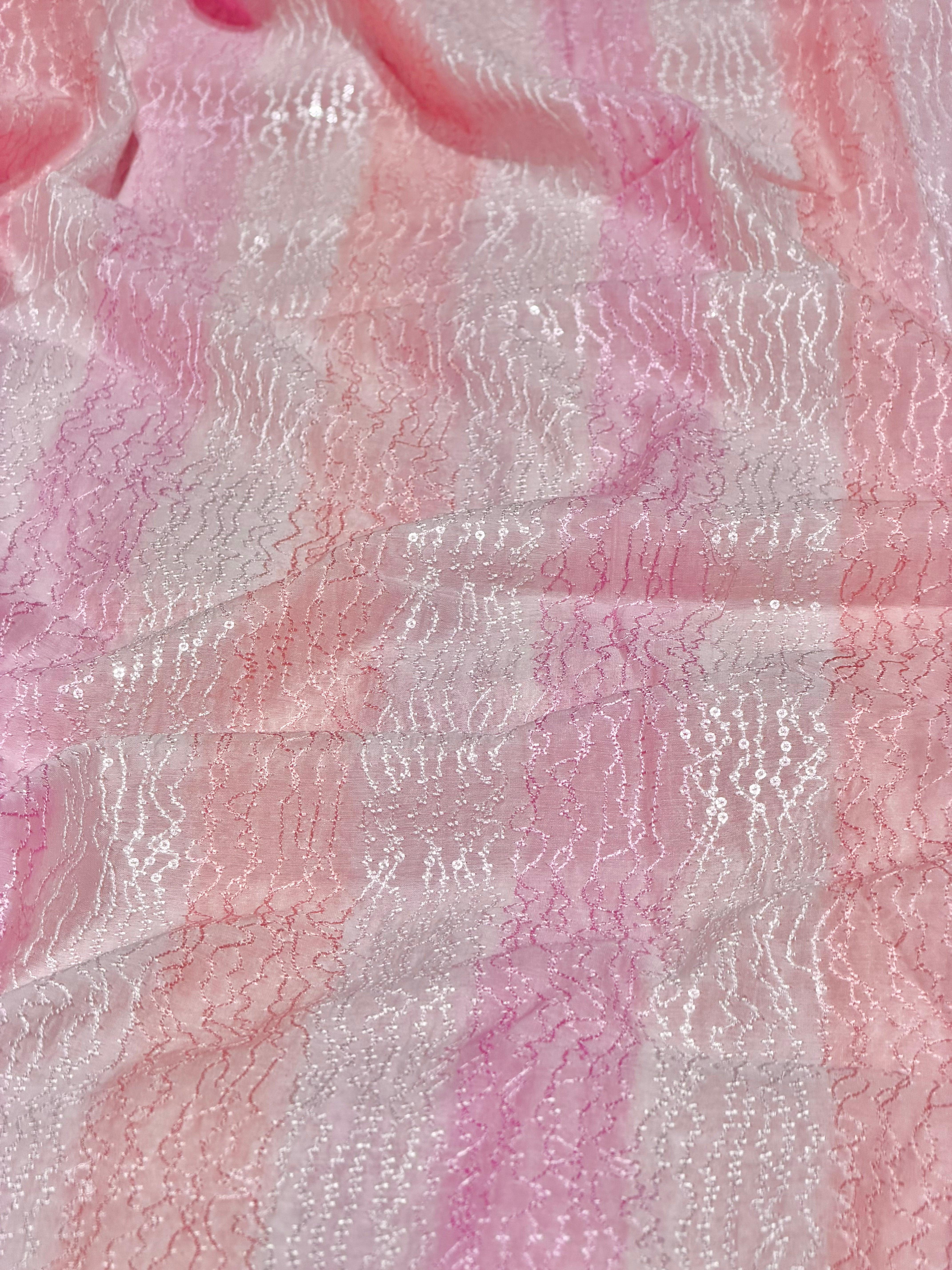 Pink Rangkaat Dye Pure Mul Cotton Fabric With Sequin Embroidery
