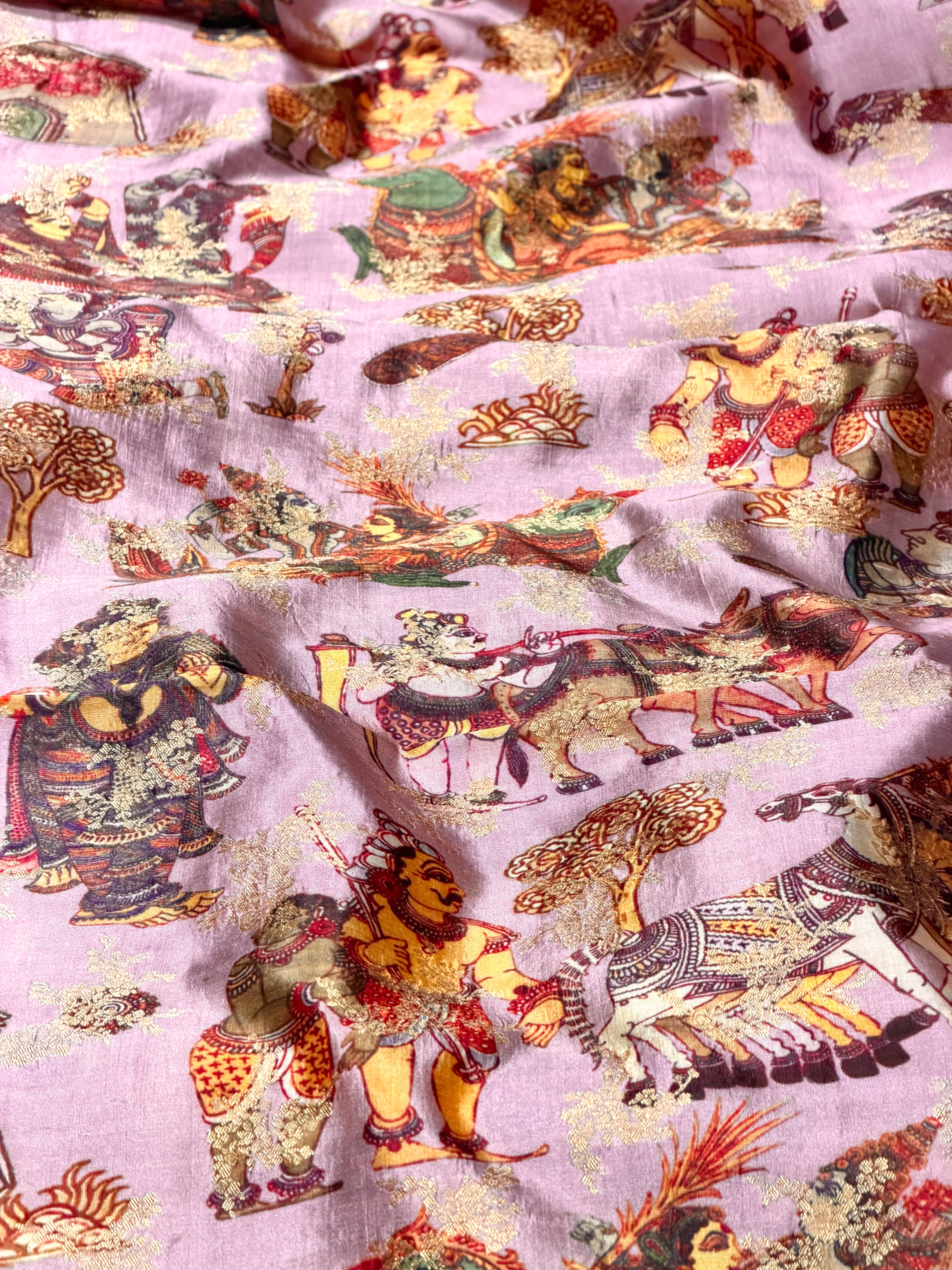 Onion Pink Pure Soft Silk Fabric With Pichhwai Traditional Pattern