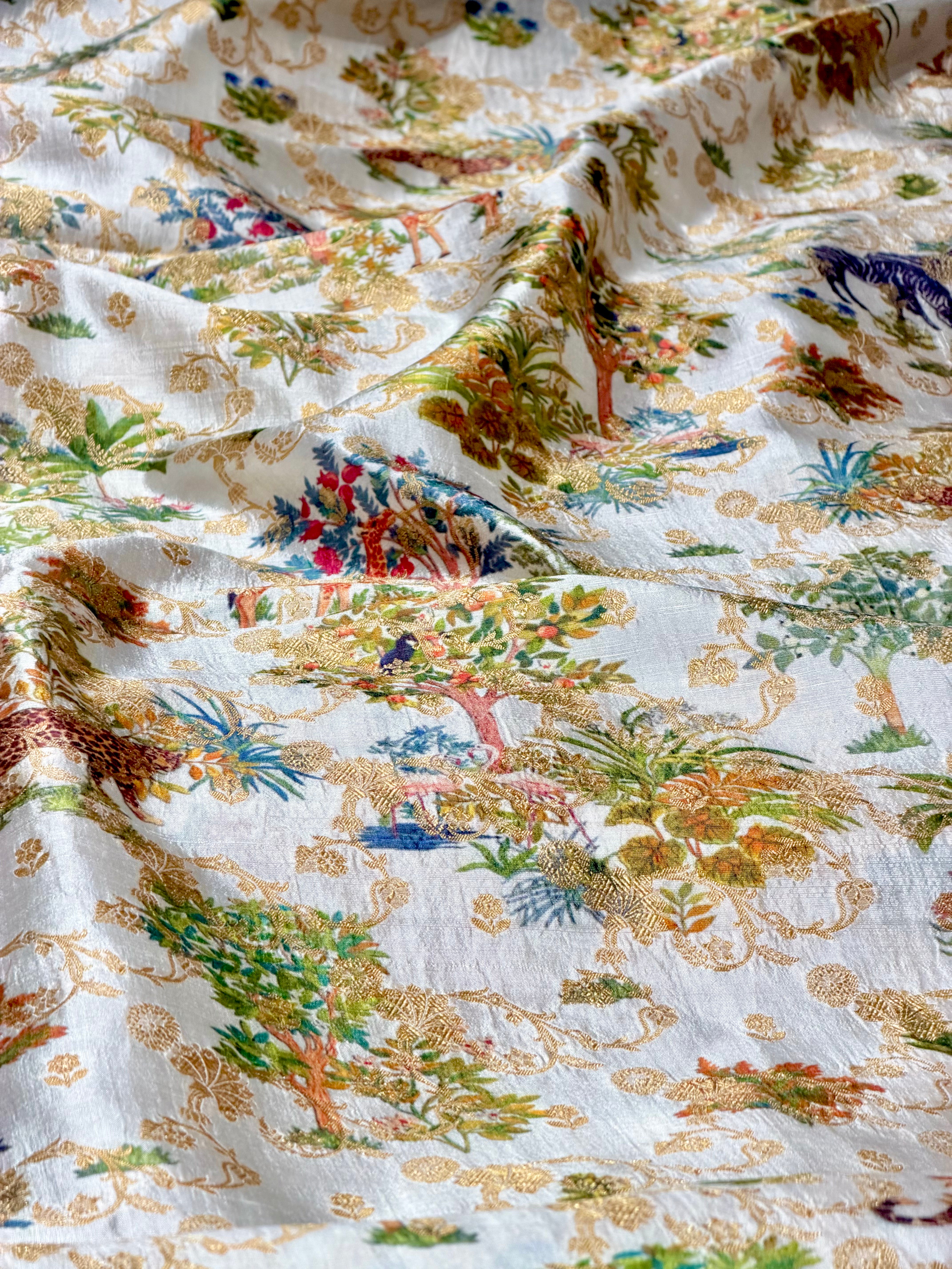 White Pure Soft Silk Fabric With Pichhwai Jungle Pattern