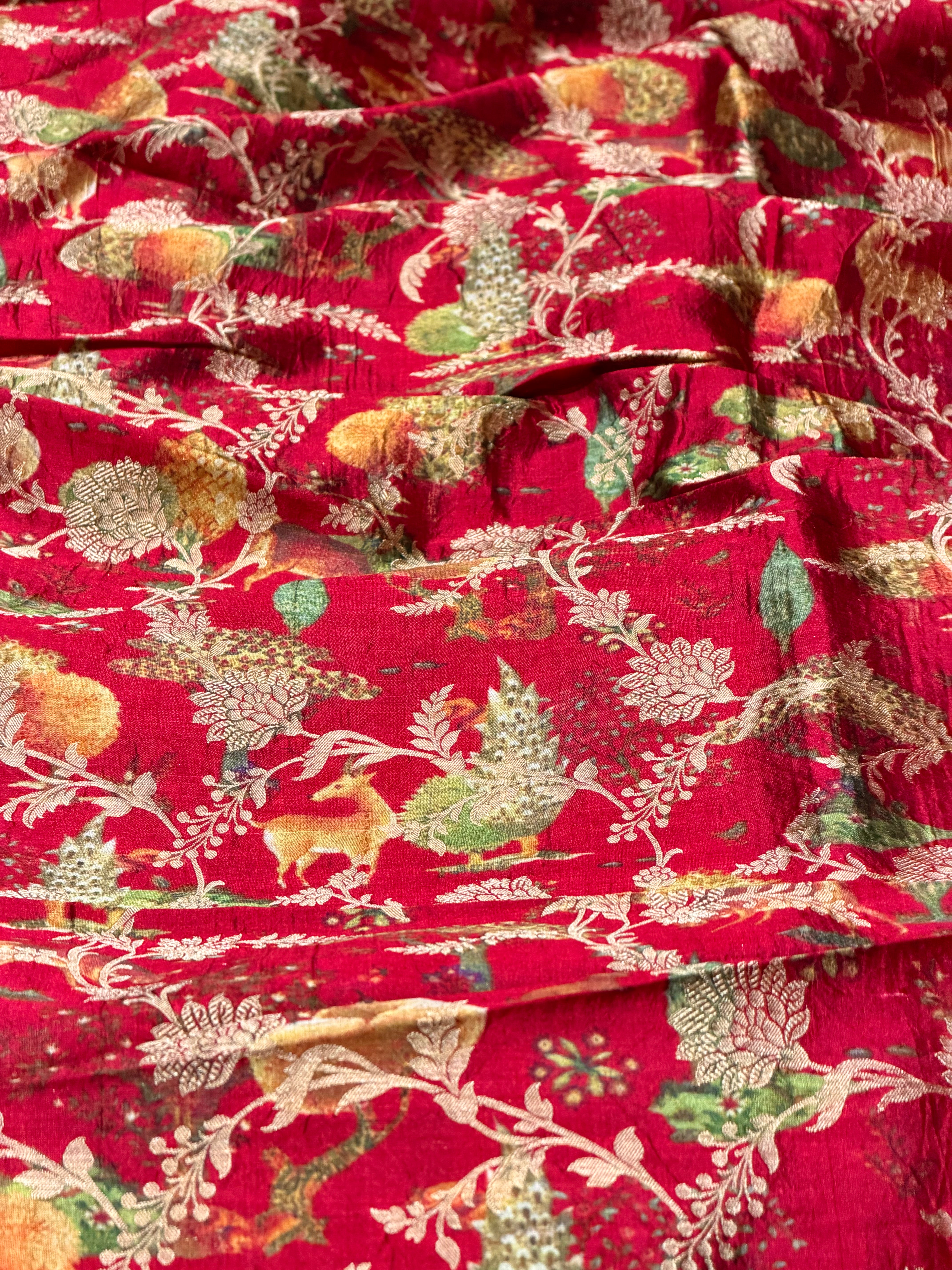 Red Pure Soft Silk Fabric With Pichhwai Jungle Pattern