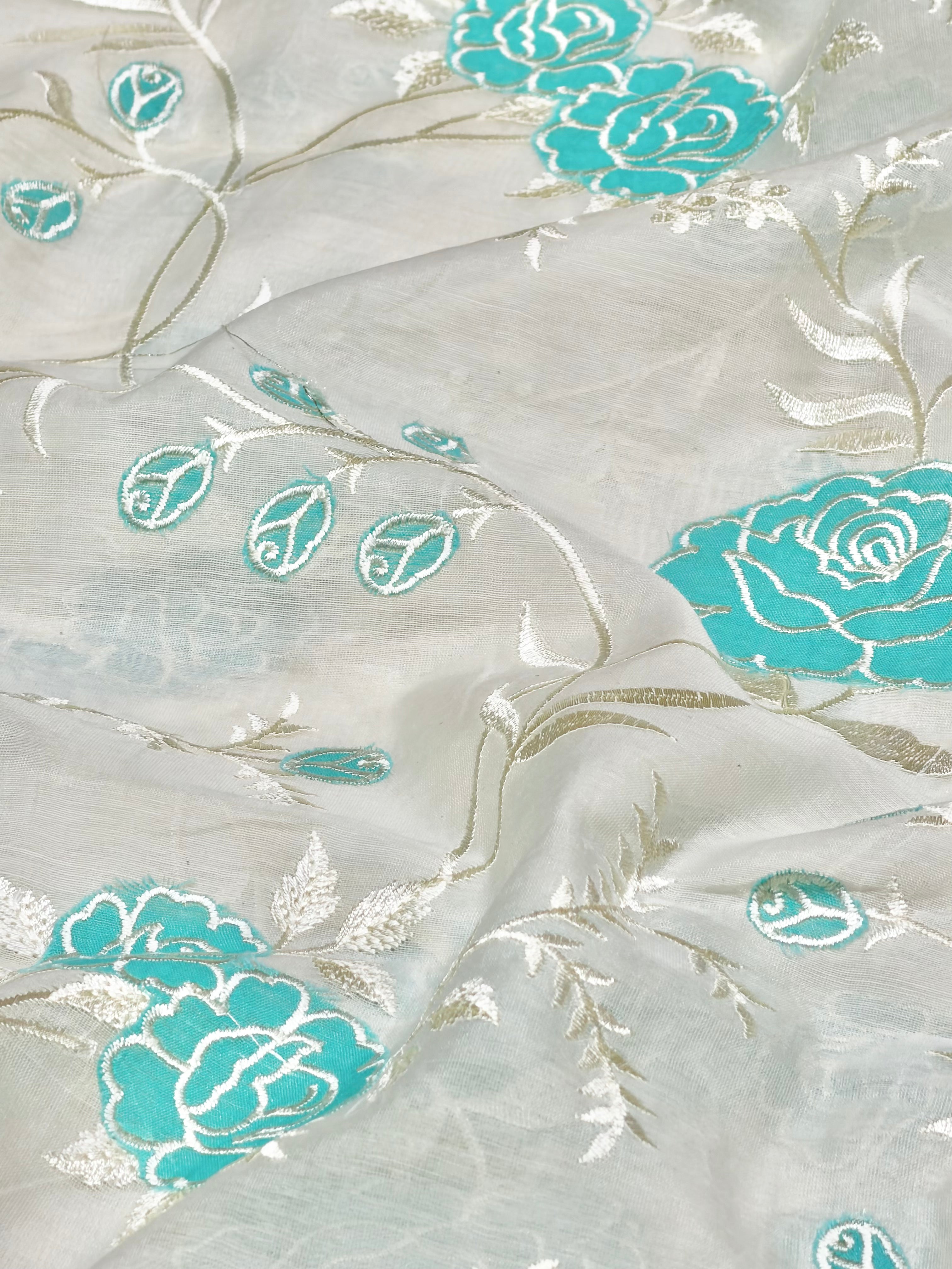 Mul Fabric With Turquoise Blue Appliqué Work