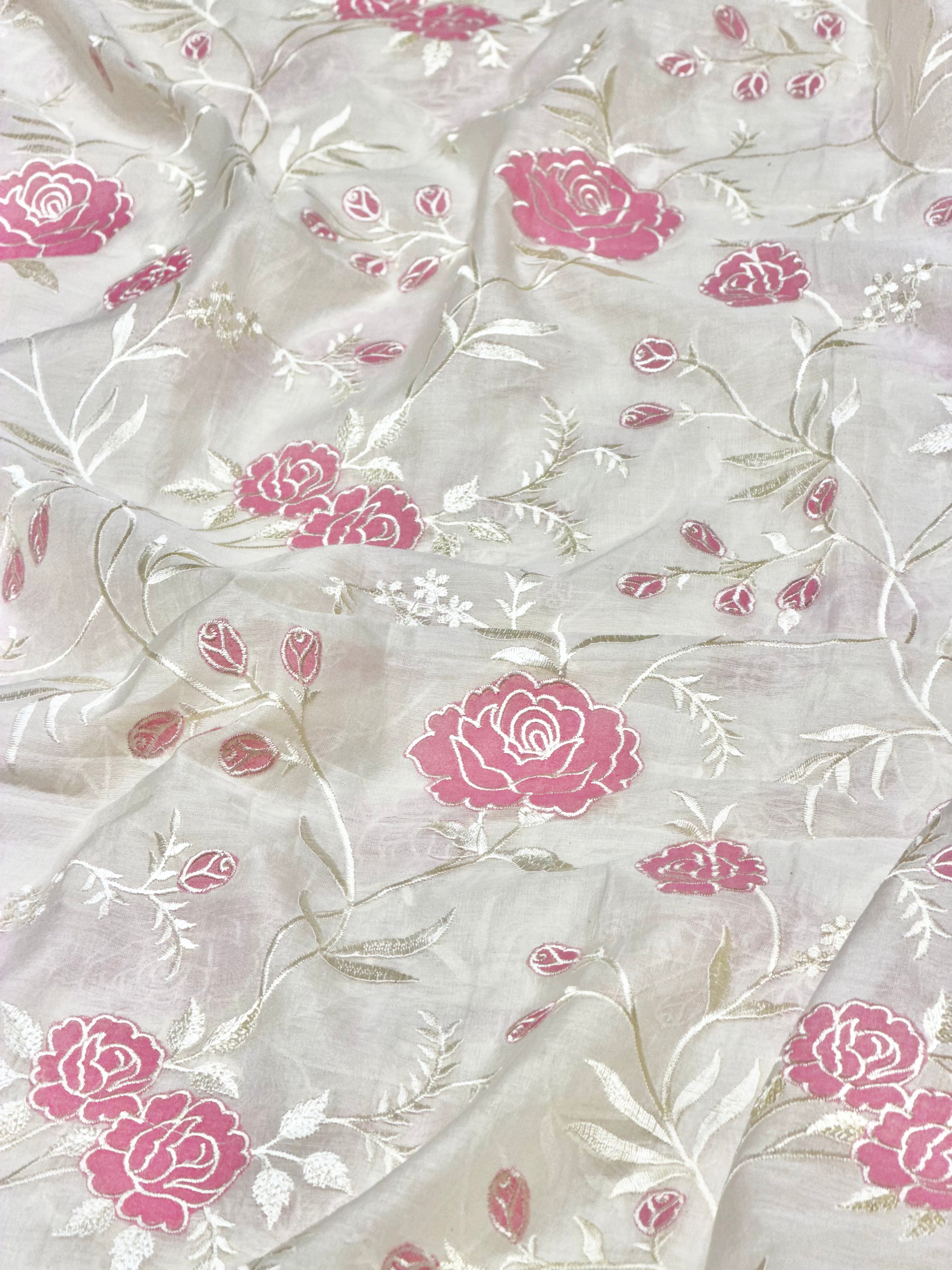 Mul Fabric With Rose Pink Appliqué Work