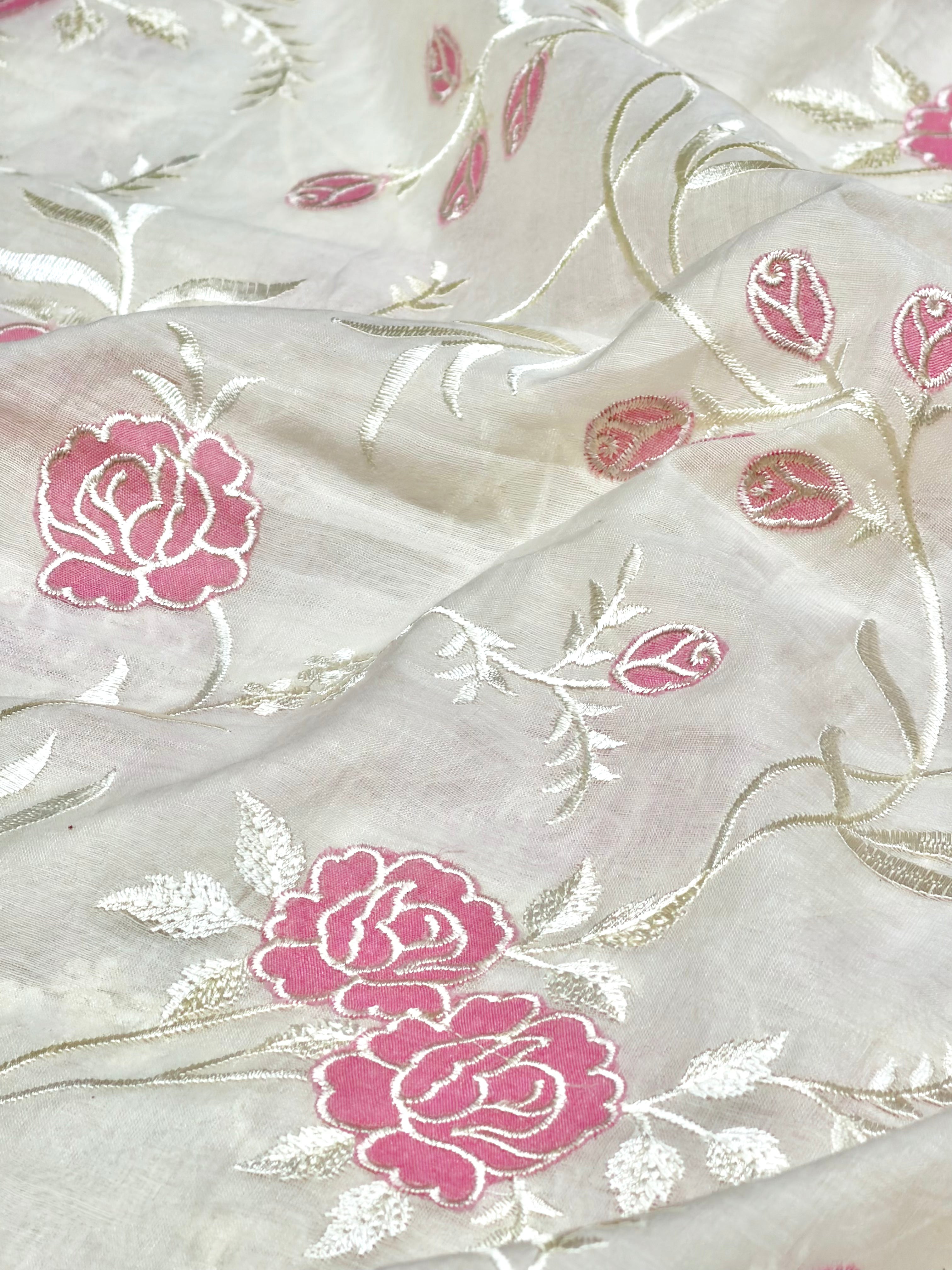 Mul Fabric With Rose Pink Appliqué Work