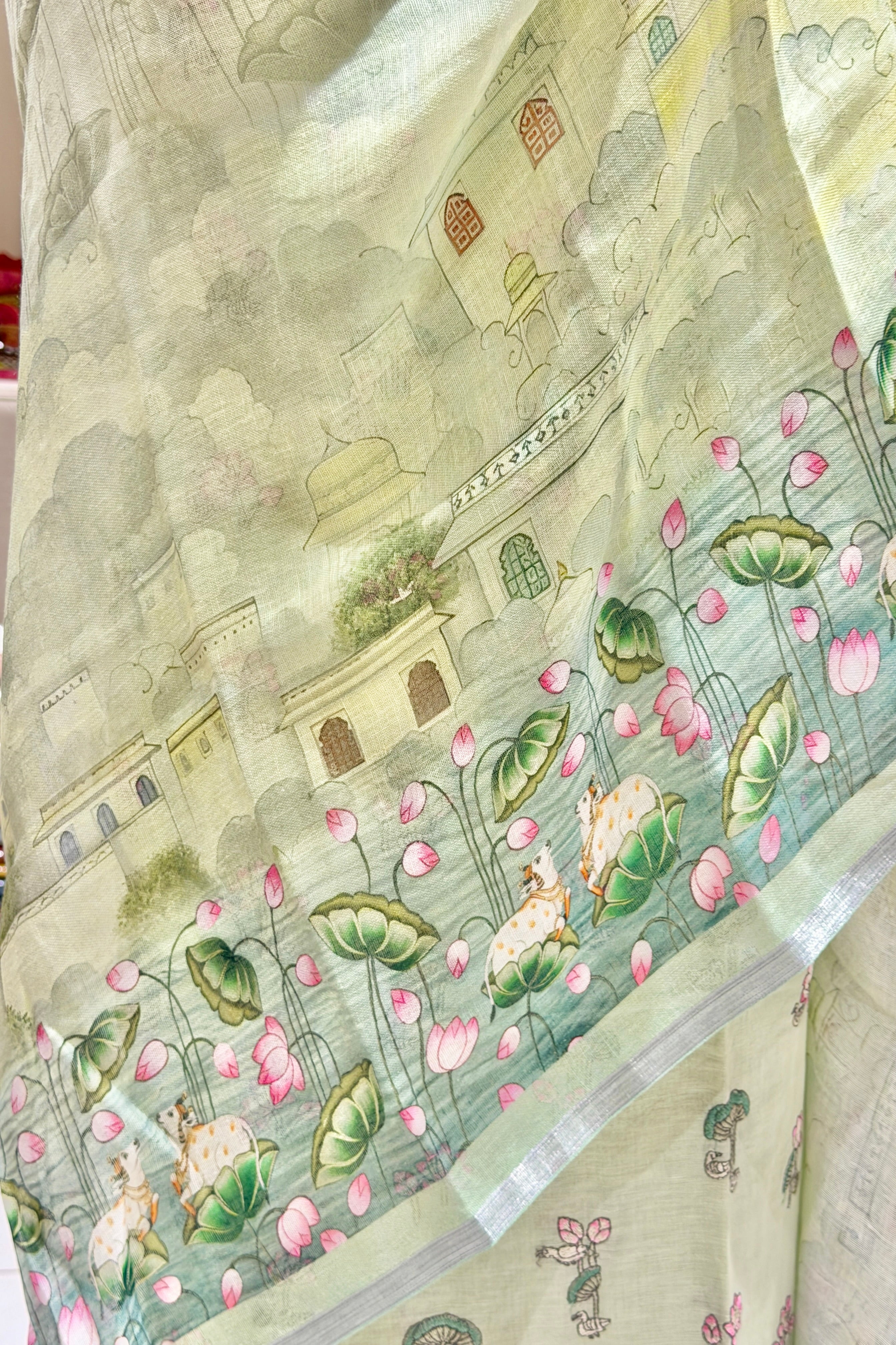 Pastel Green Linen Suit Set with Lotus Embroidery & Printed Dupatta