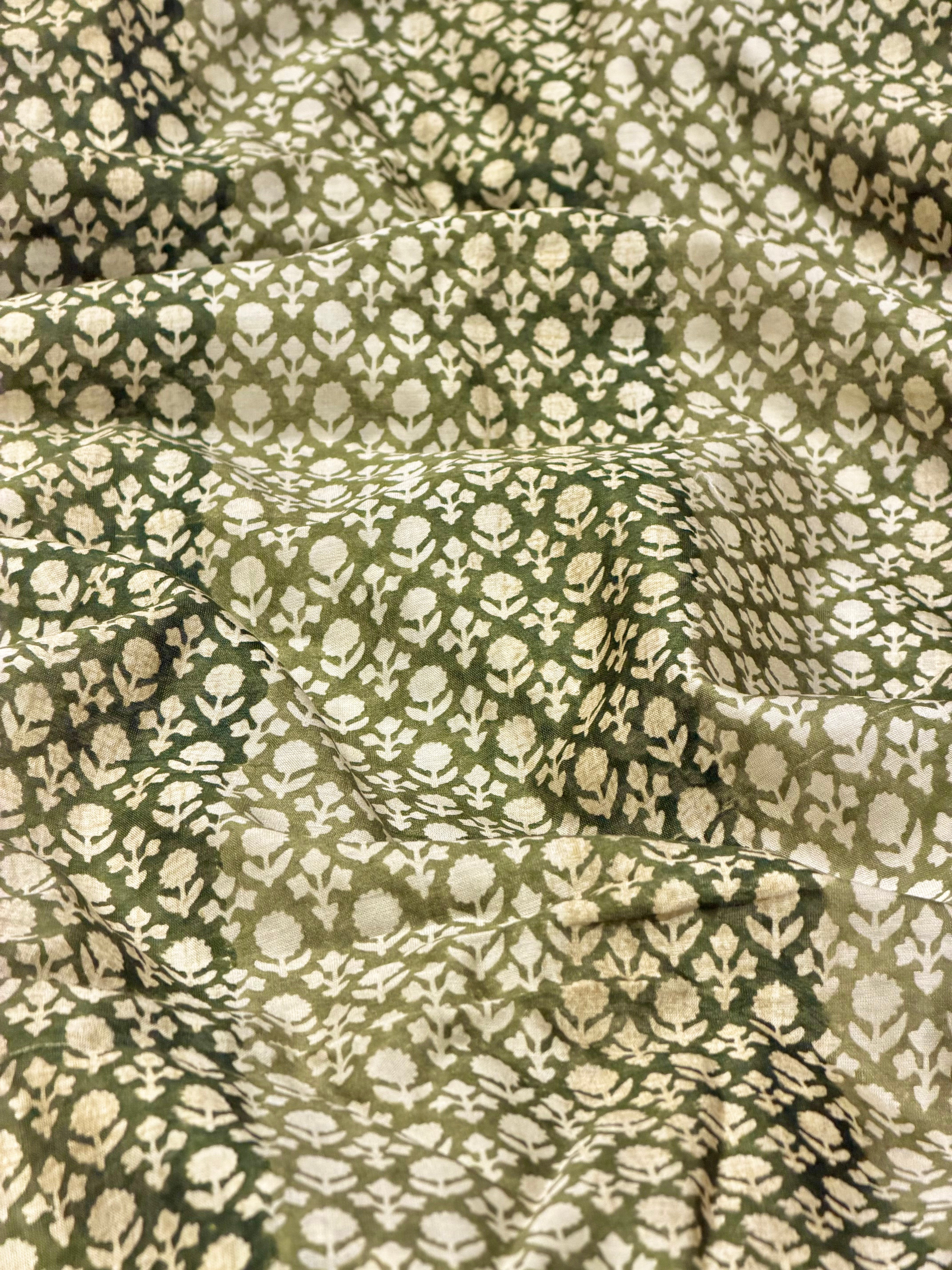 Green Chanderi Silk Fabric With Block Printing