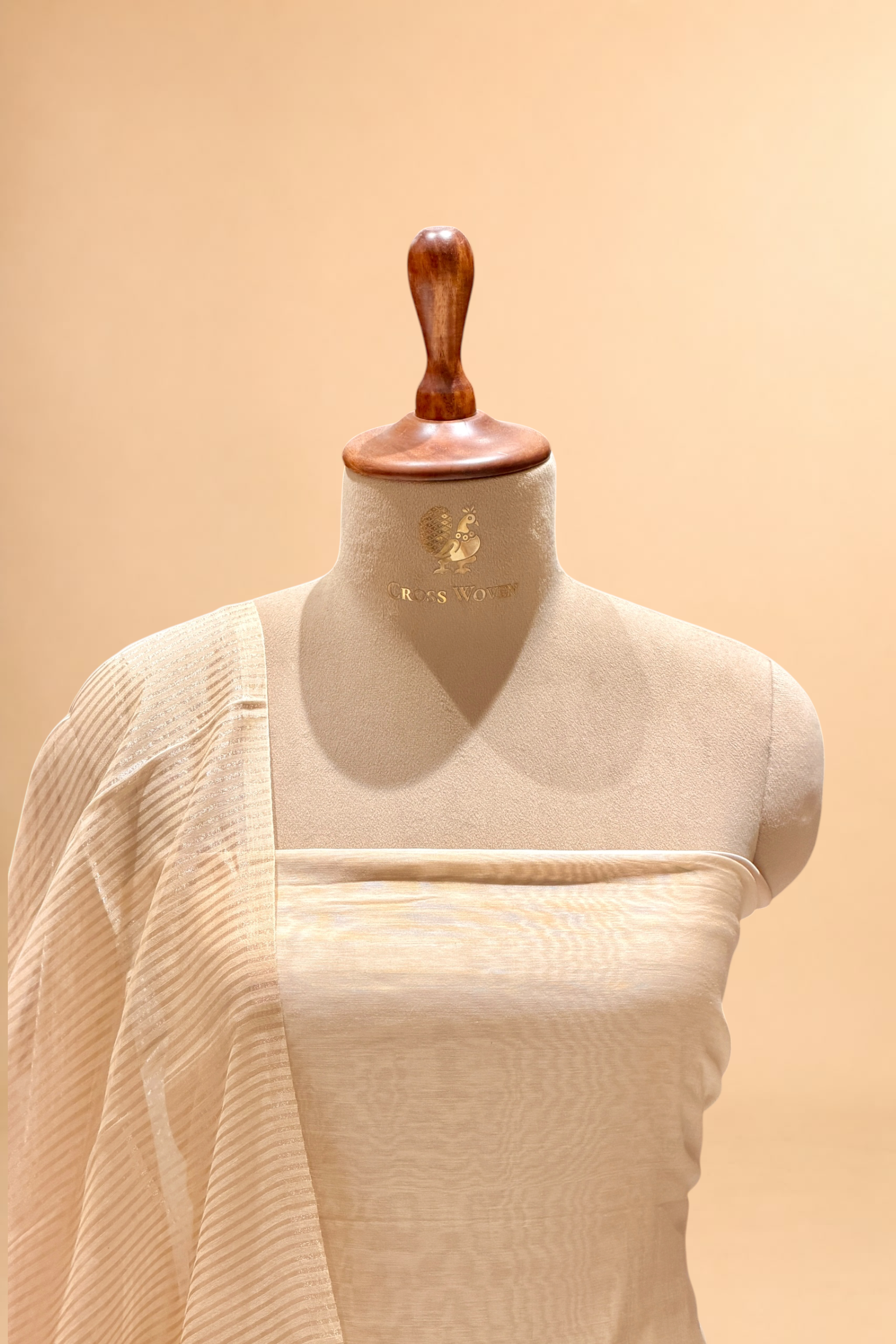 Champagne Beige Mul Suit Set with Tissue Panel Top & Stripe Dupatta