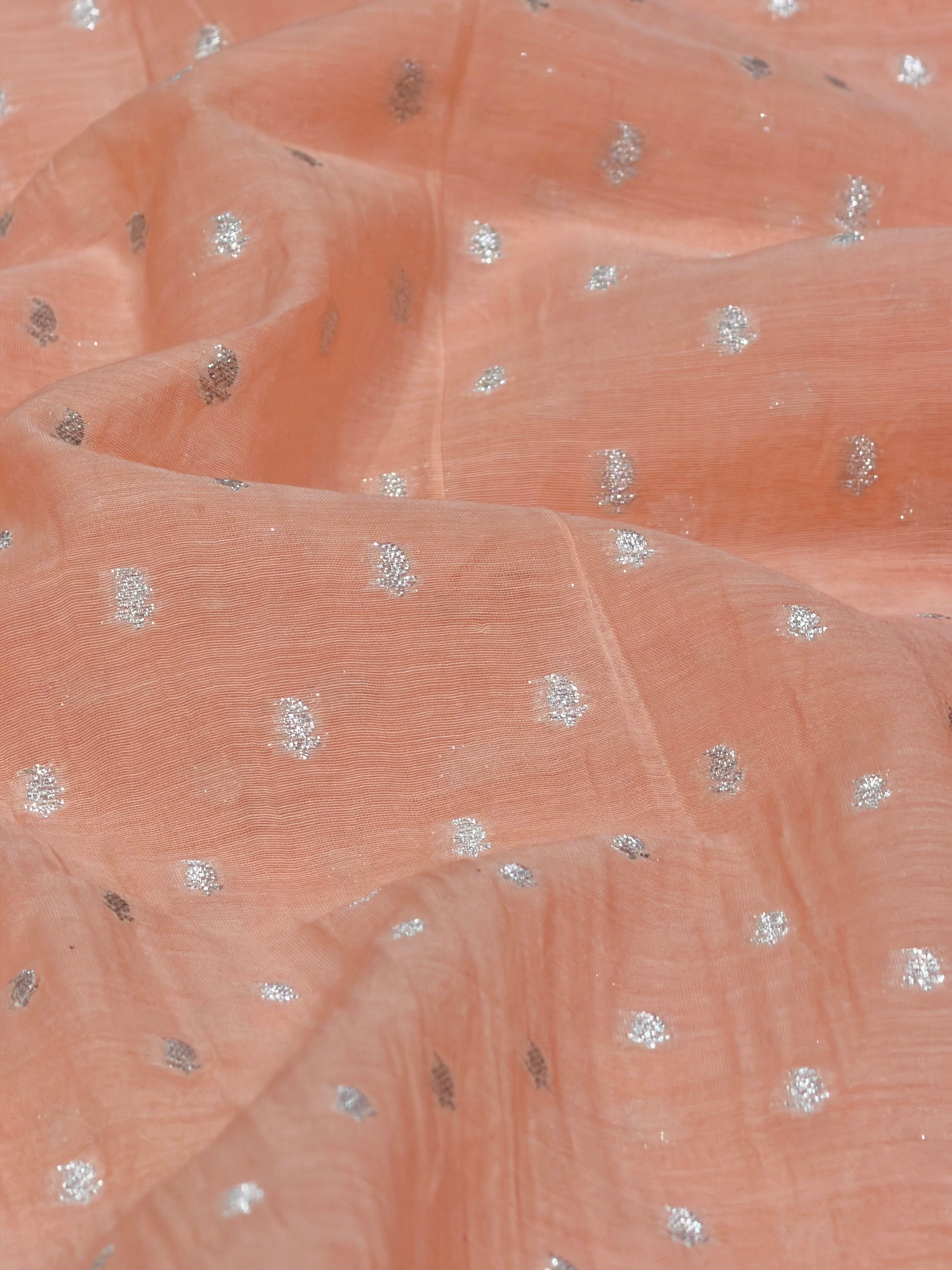 Peach Pink Pure Mul Fabric With Silver Zari