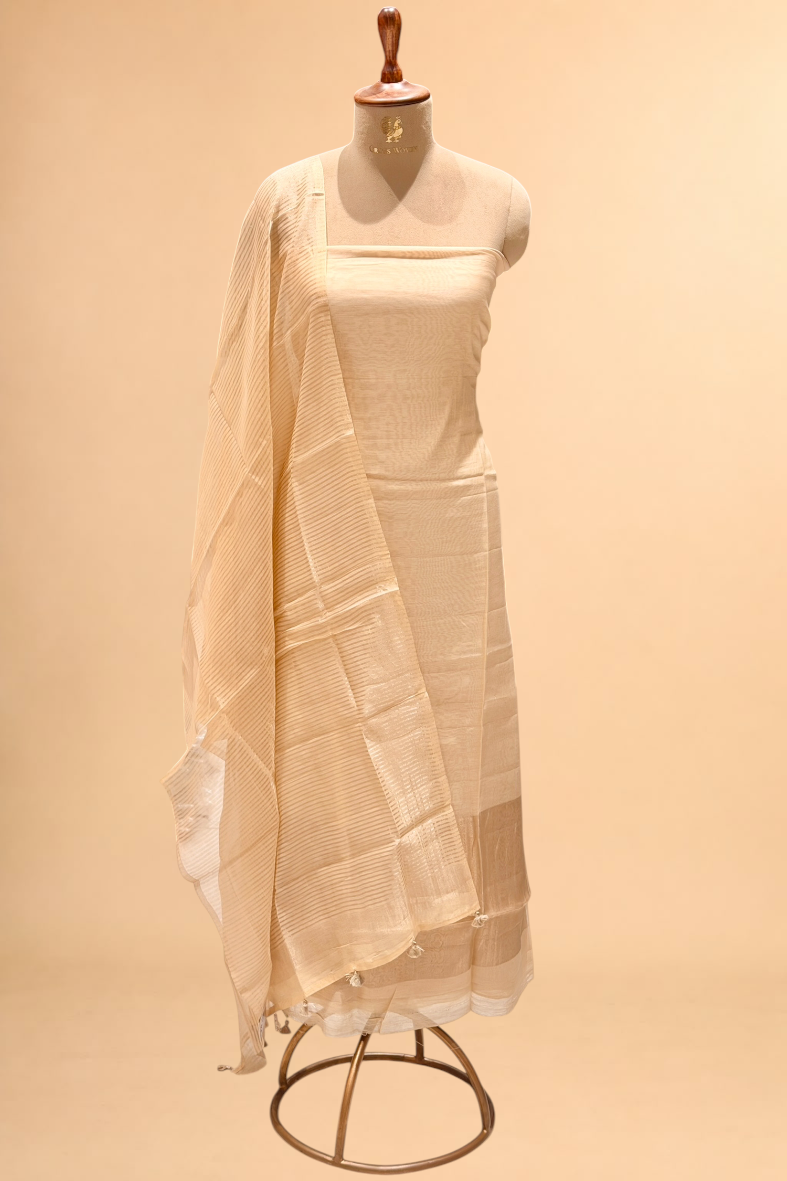 Champagne Beige Mul Suit Set with Tissue Panel Top & Stripe Dupatta