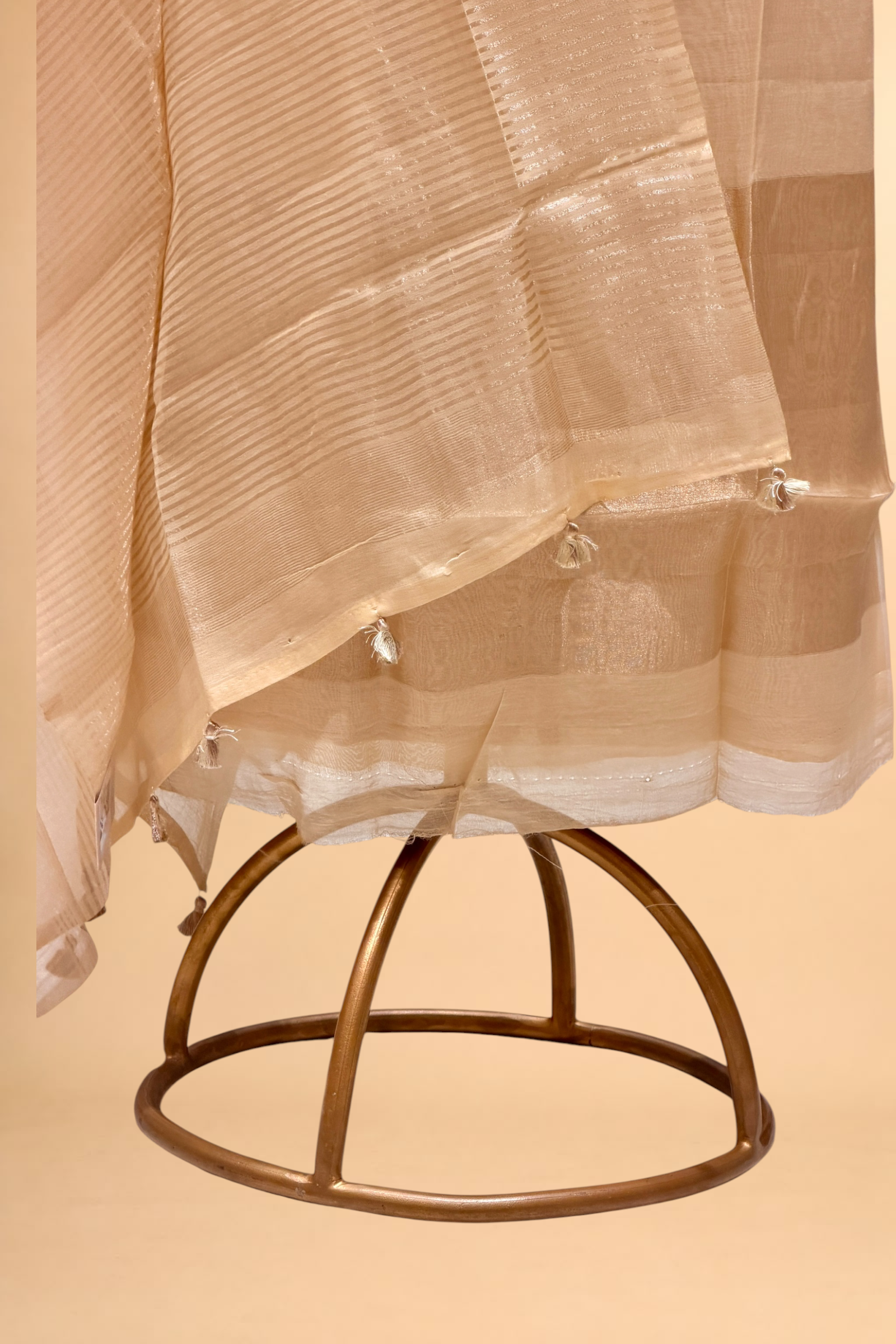 Champagne Beige Mul Suit Set with Tissue Panel Top & Stripe Dupatta