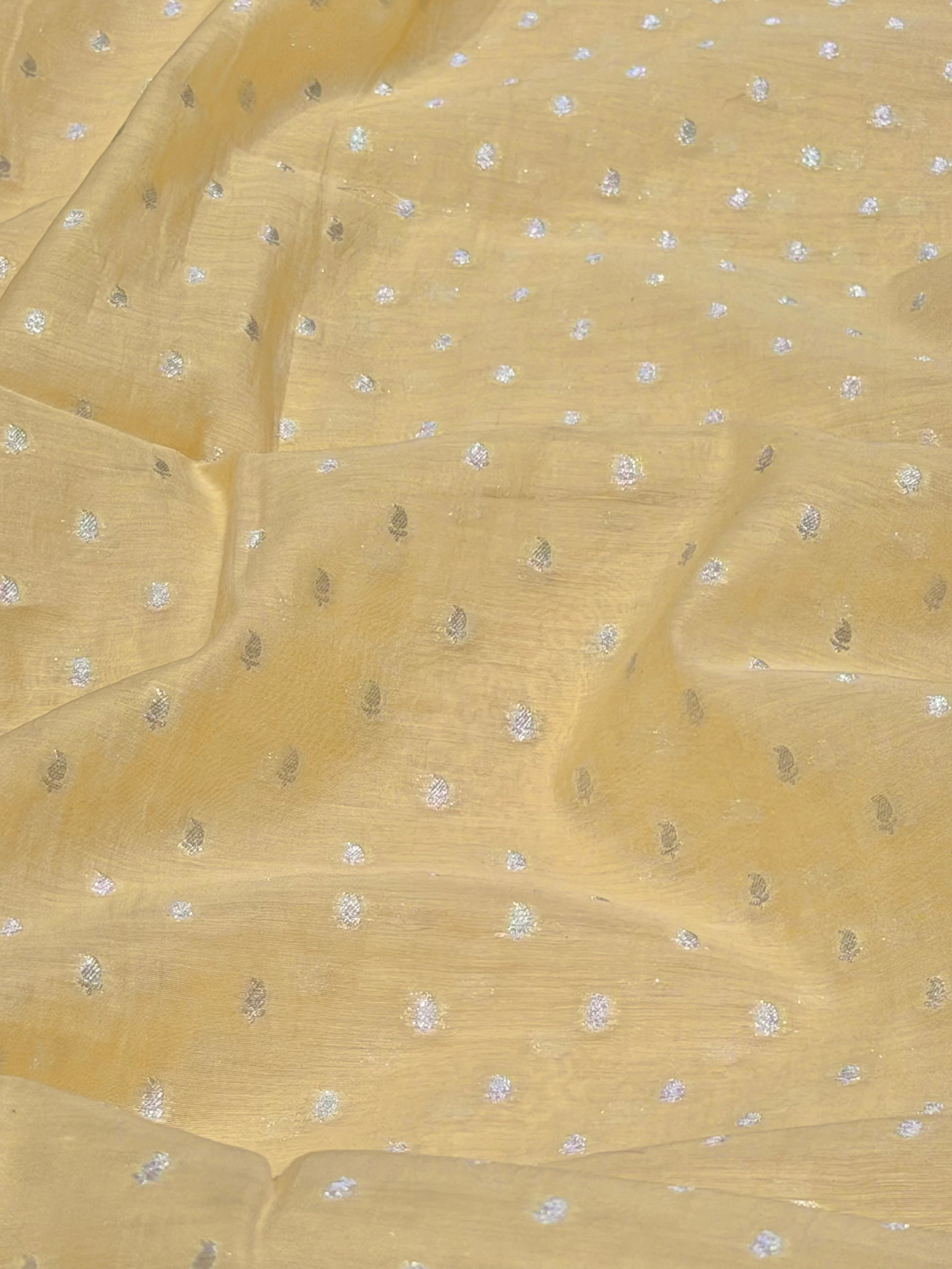 Light Yellow Pure Mul Fabric With Silver Zari