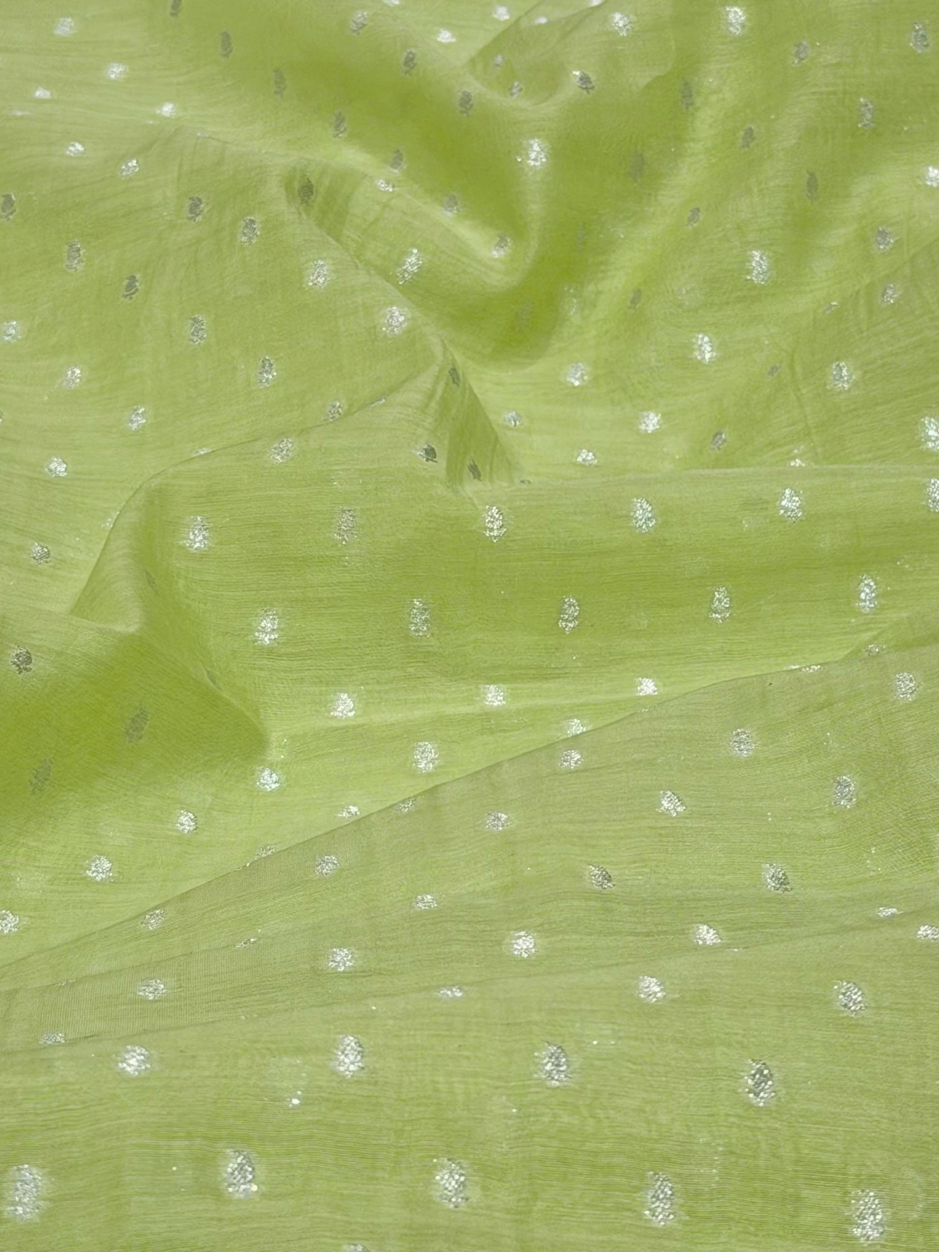 pista green Pure Mul Fabric With Silver Zari