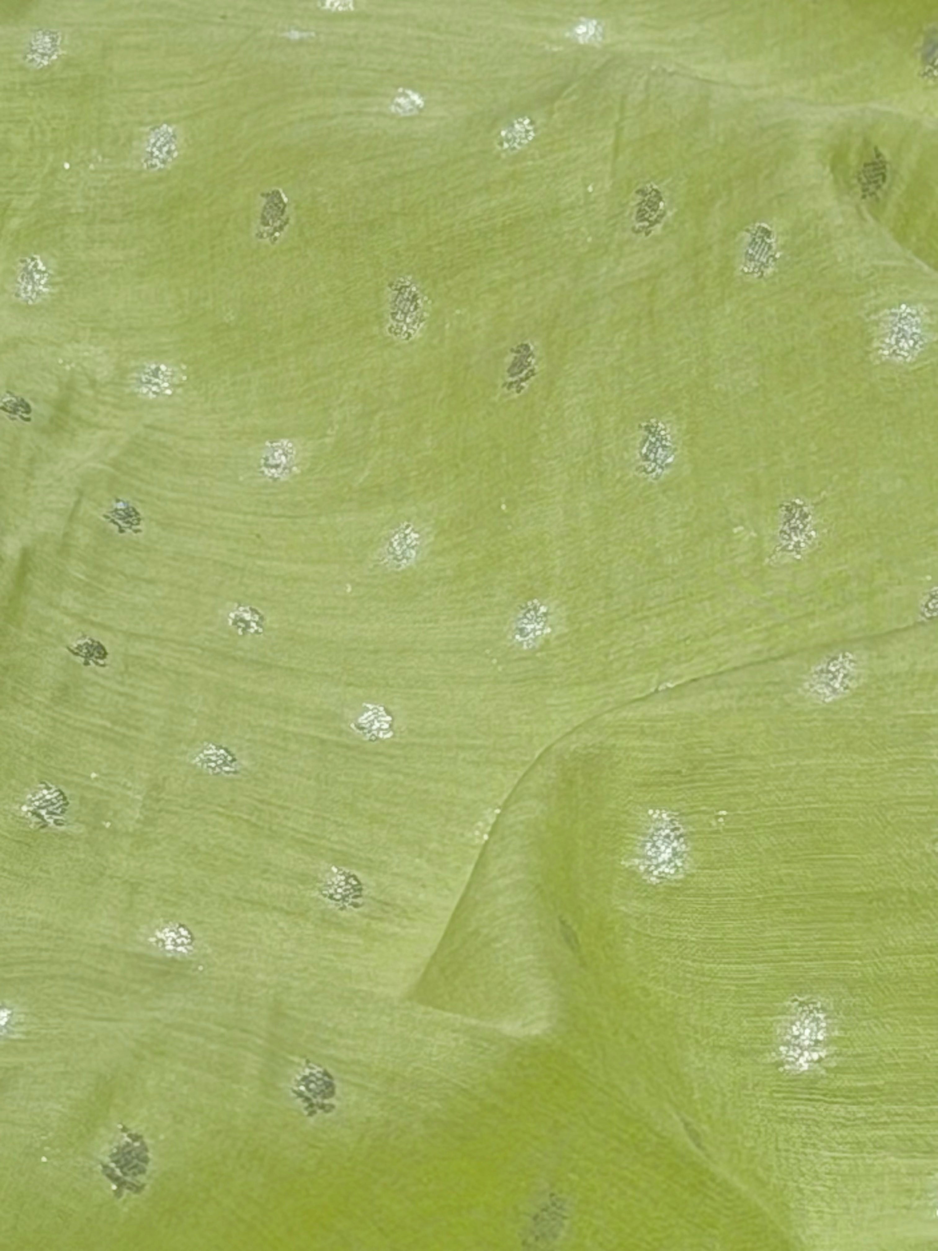 pista green Pure Mul Fabric With Silver Zari