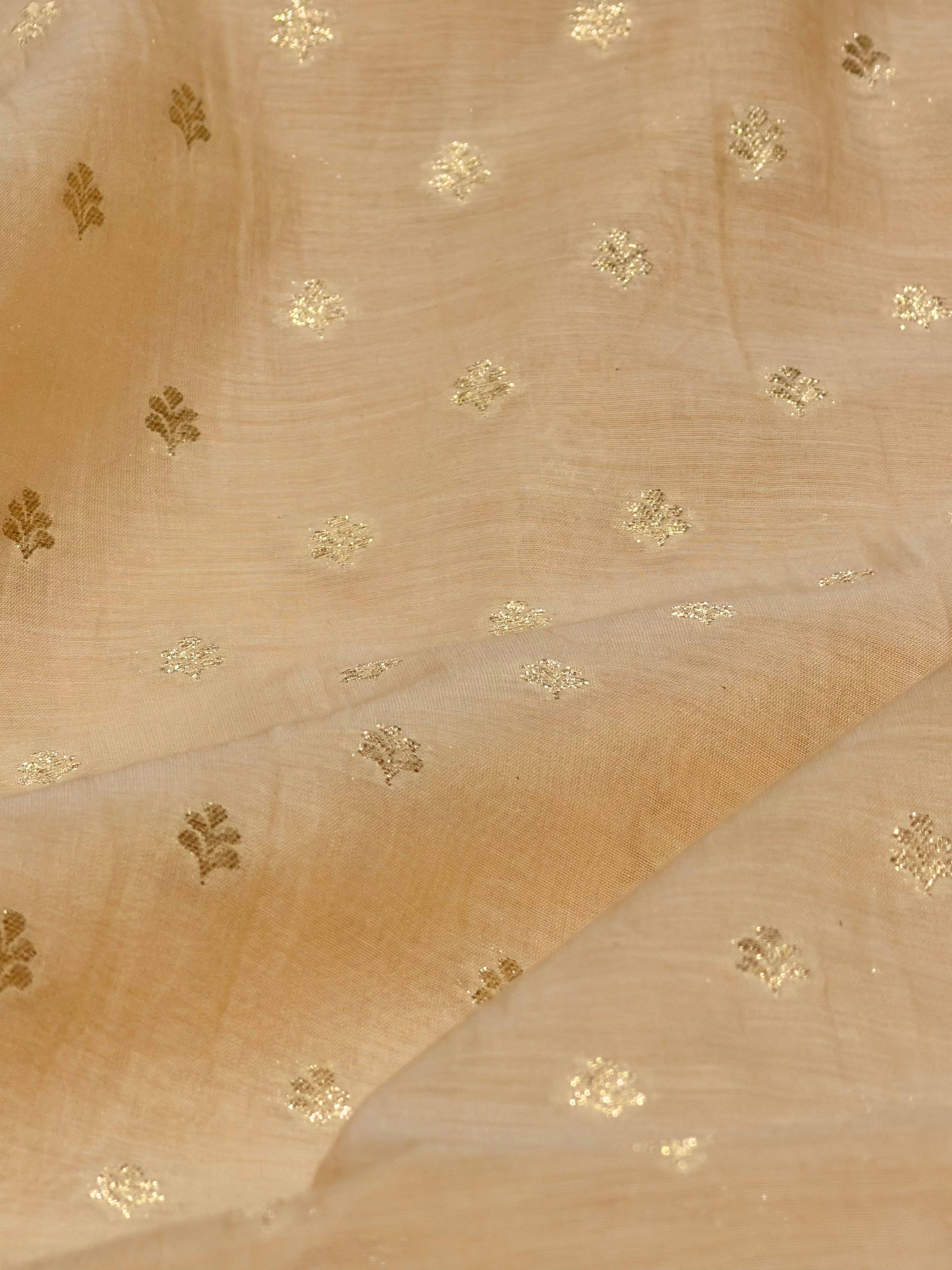 Beige Pure Mul Fabric With Gold Zari