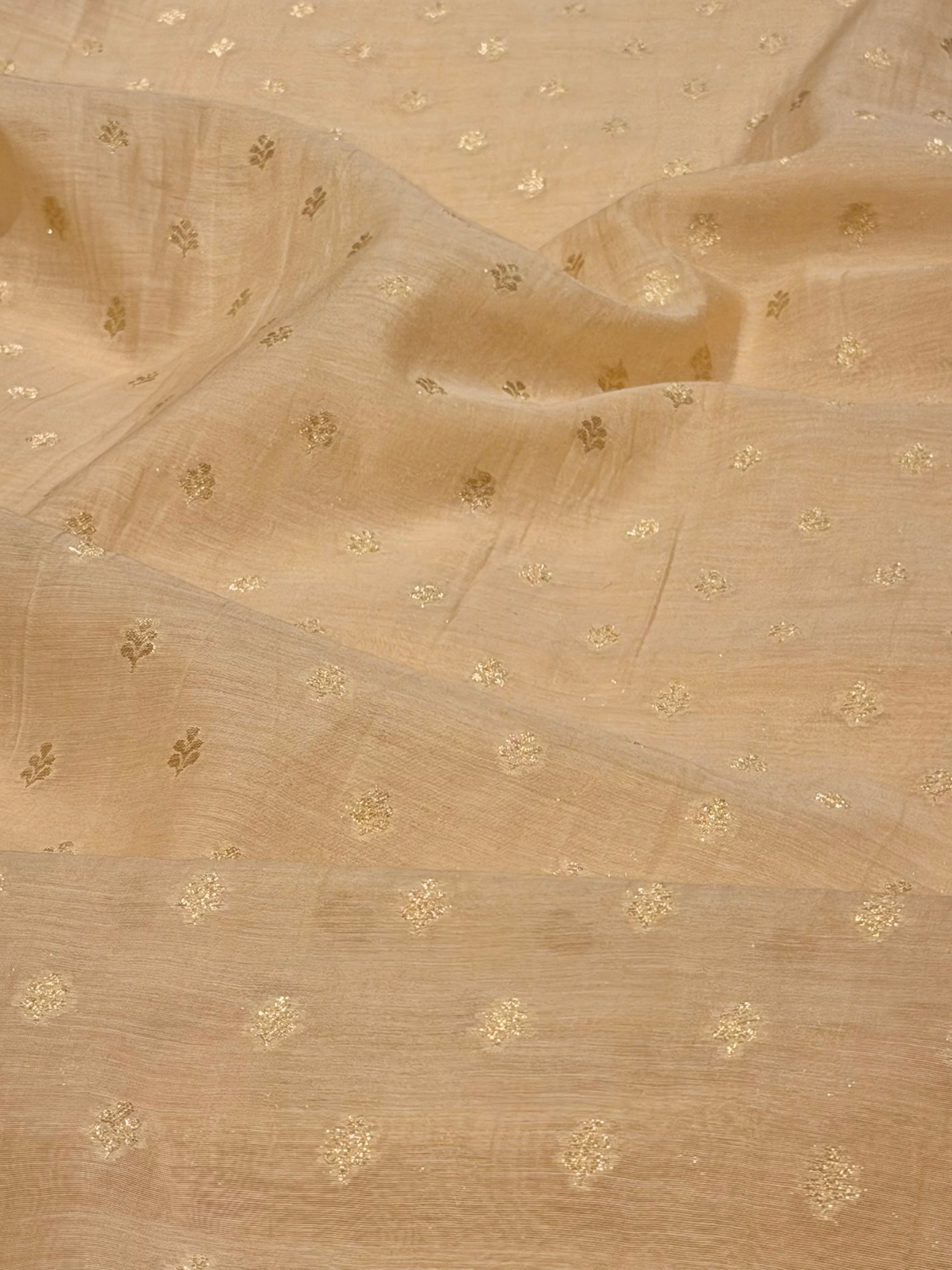 Beige Pure Mul Fabric With Gold Zari
