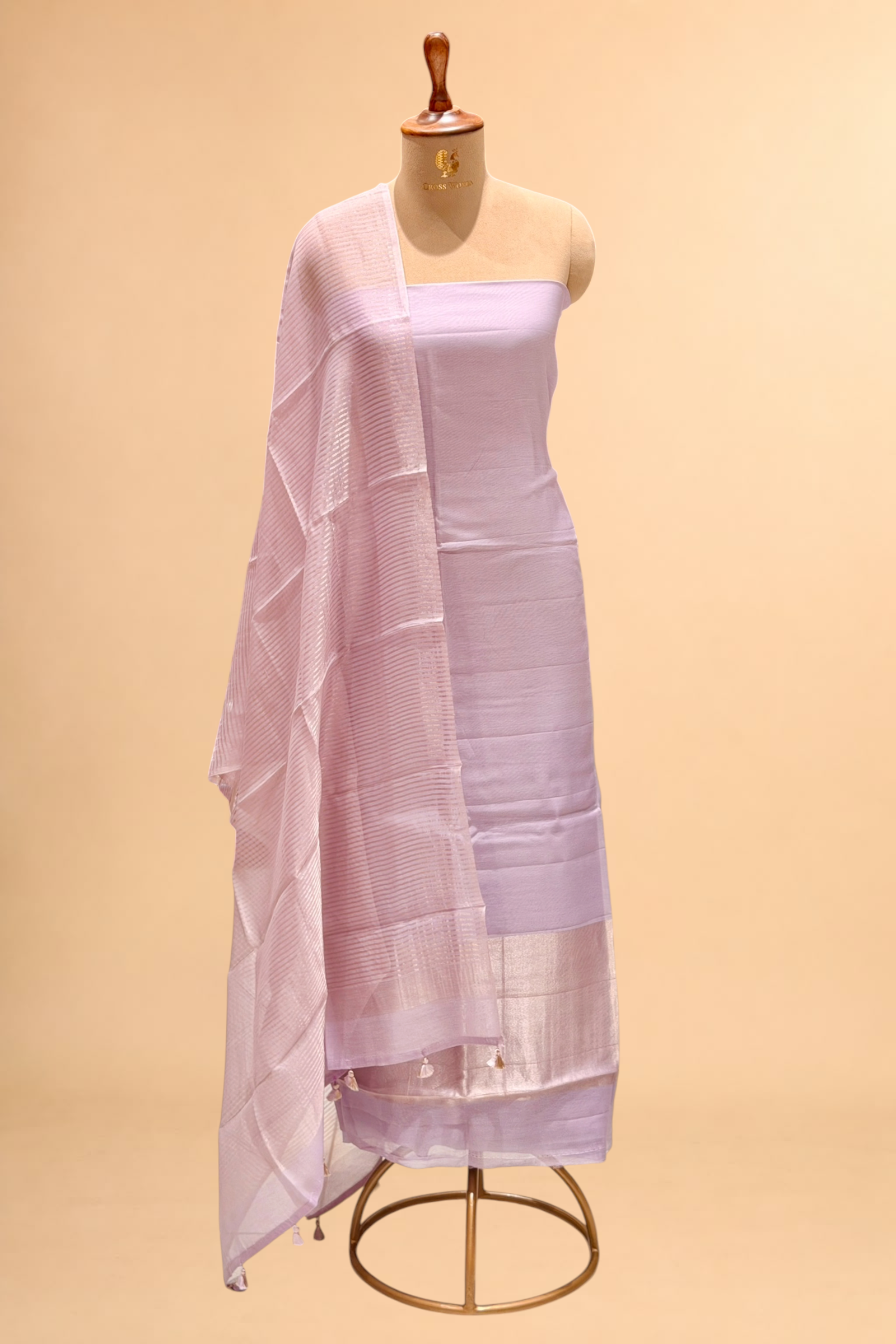 Lavender Mul Suit Set with Tissue Panel Top & Stripe Dupatta