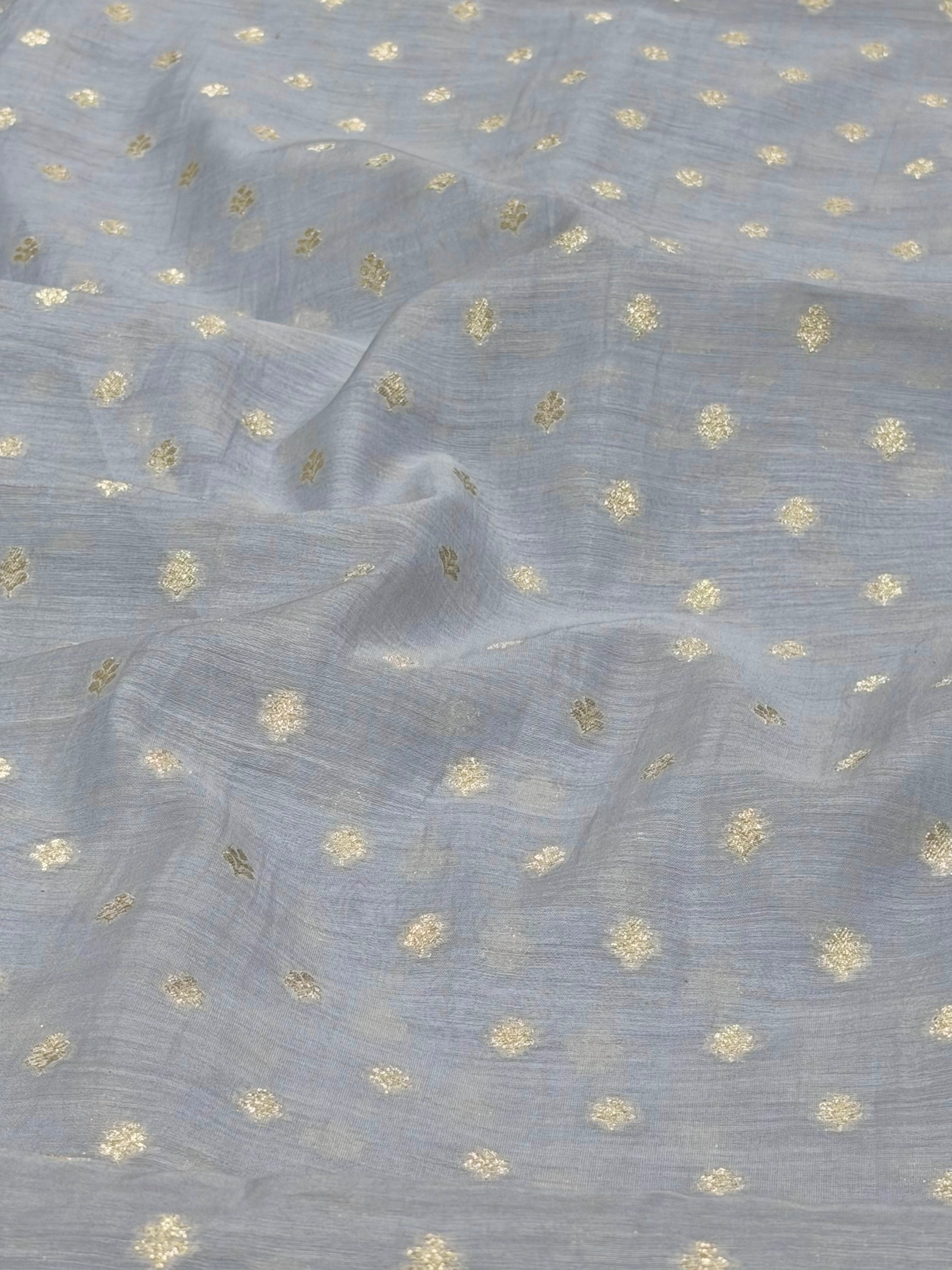 Gray Pure Mul Fabric With Gold Zari