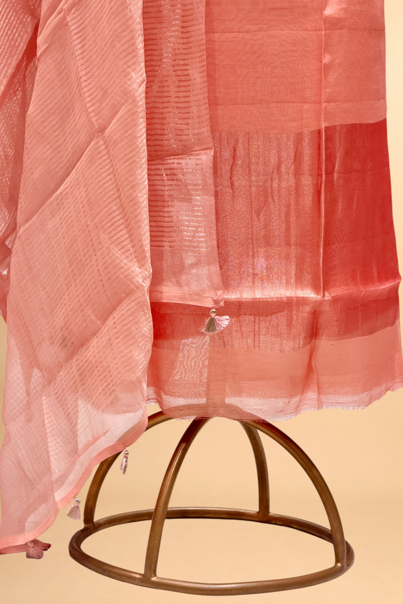 Peach Pink Mul Suit Set with Tissue Panel Top & Stripe Dupatta