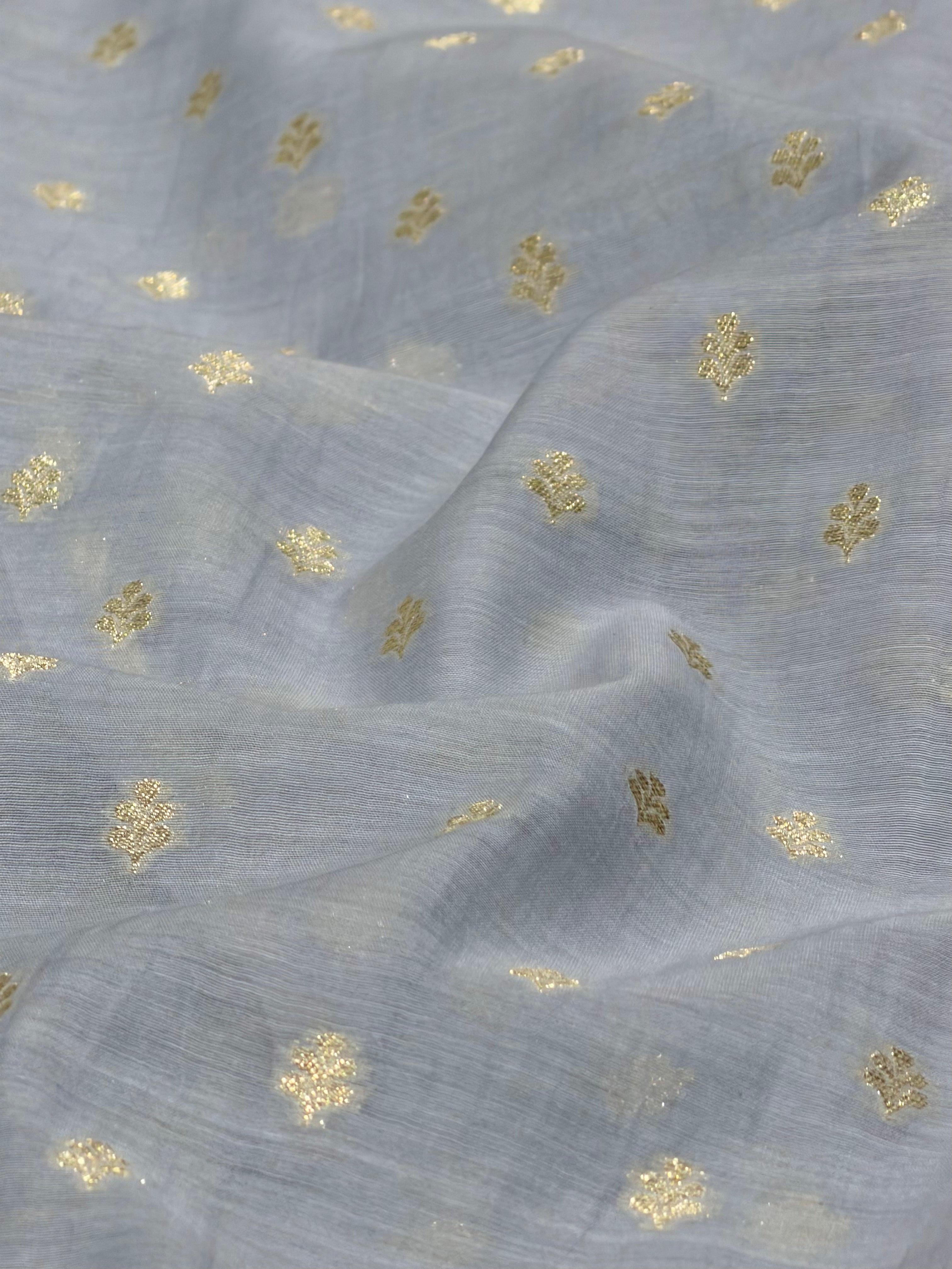Gray Pure Mul Fabric With Gold Zari