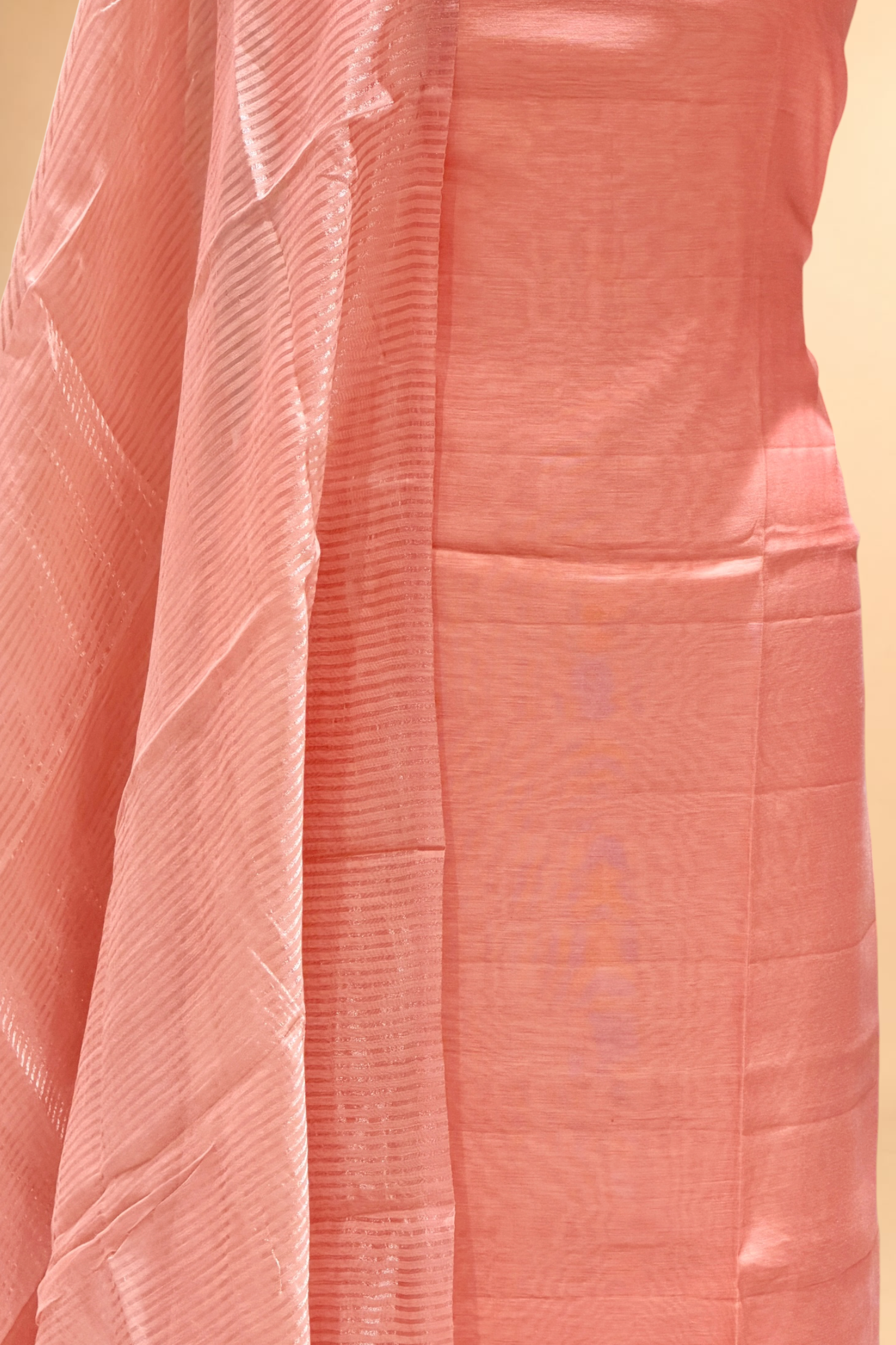 Peach Pink Mul Suit Set with Tissue Panel Top & Stripe Dupatta