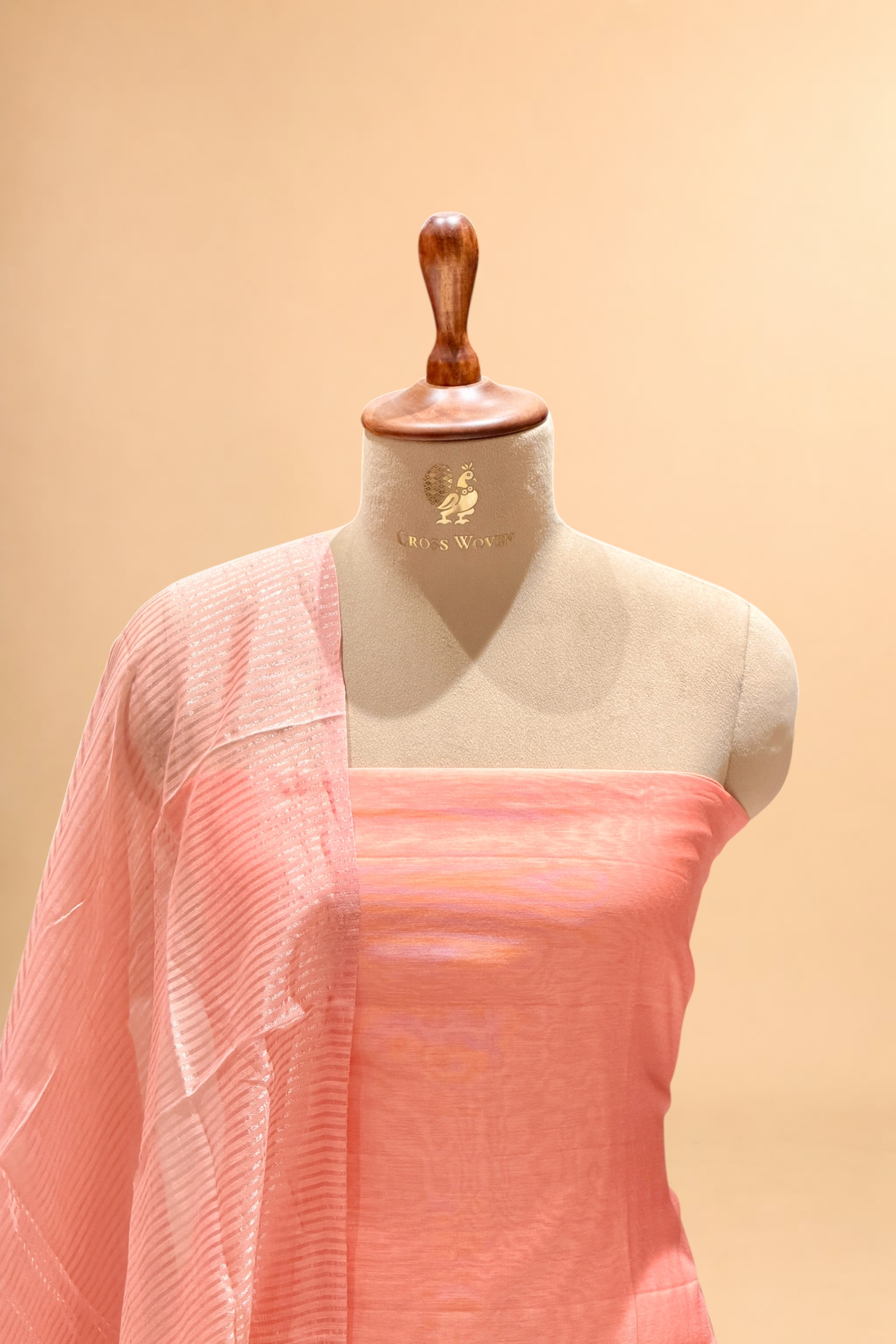 Peach Pink Mul Suit Set with Tissue Panel Top & Stripe Dupatta