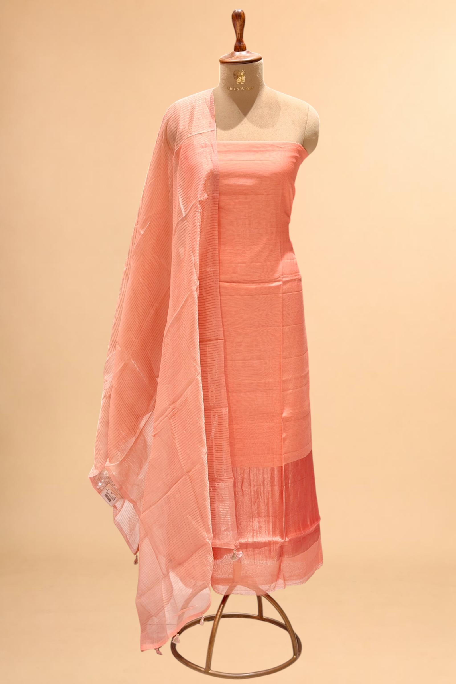 Peach Pink Mul Suit Set with Tissue Panel Top & Stripe Dupatta