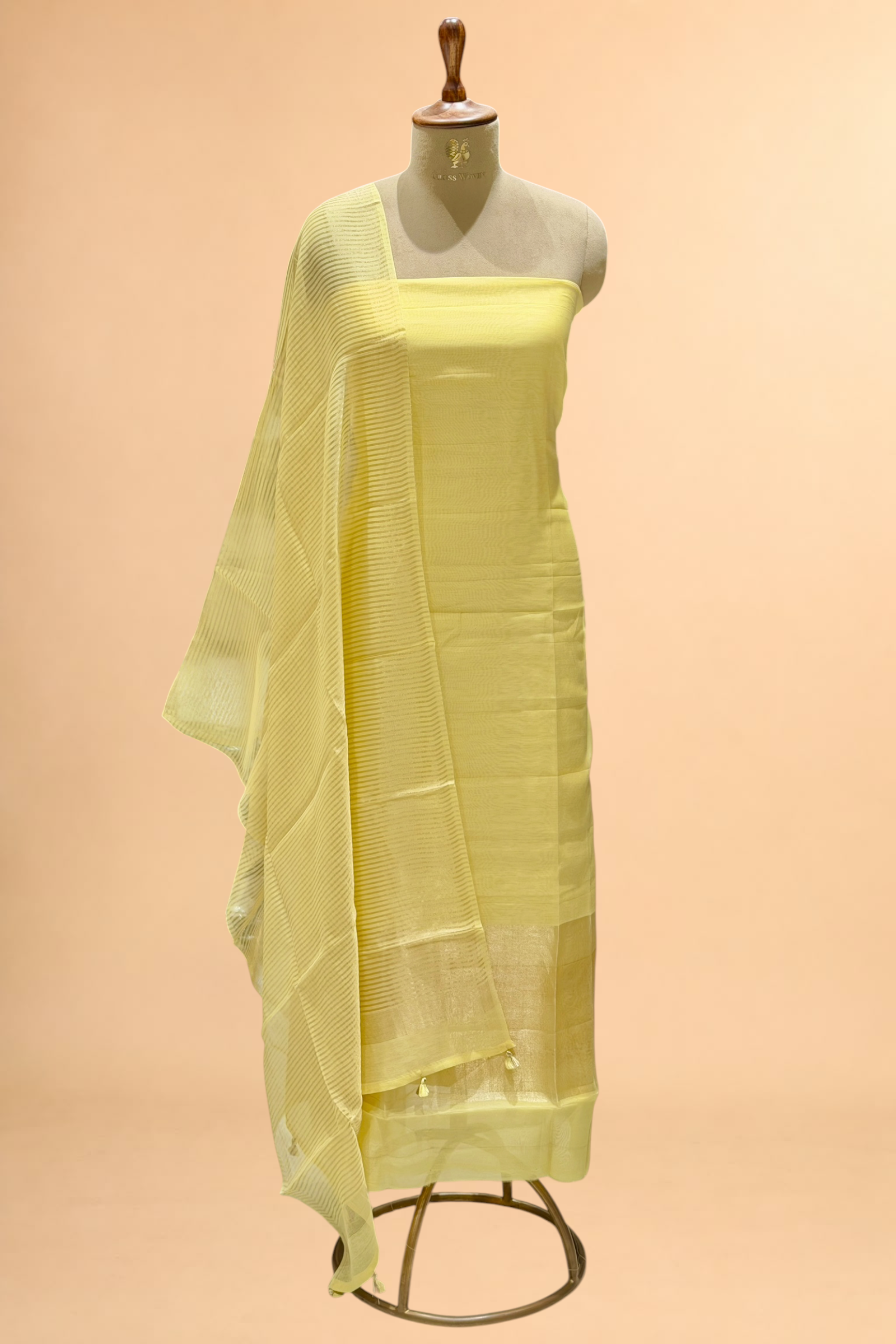 Pastel Yellow Mul Suit Set with Tissue Panel Top & Stripe Dupatta