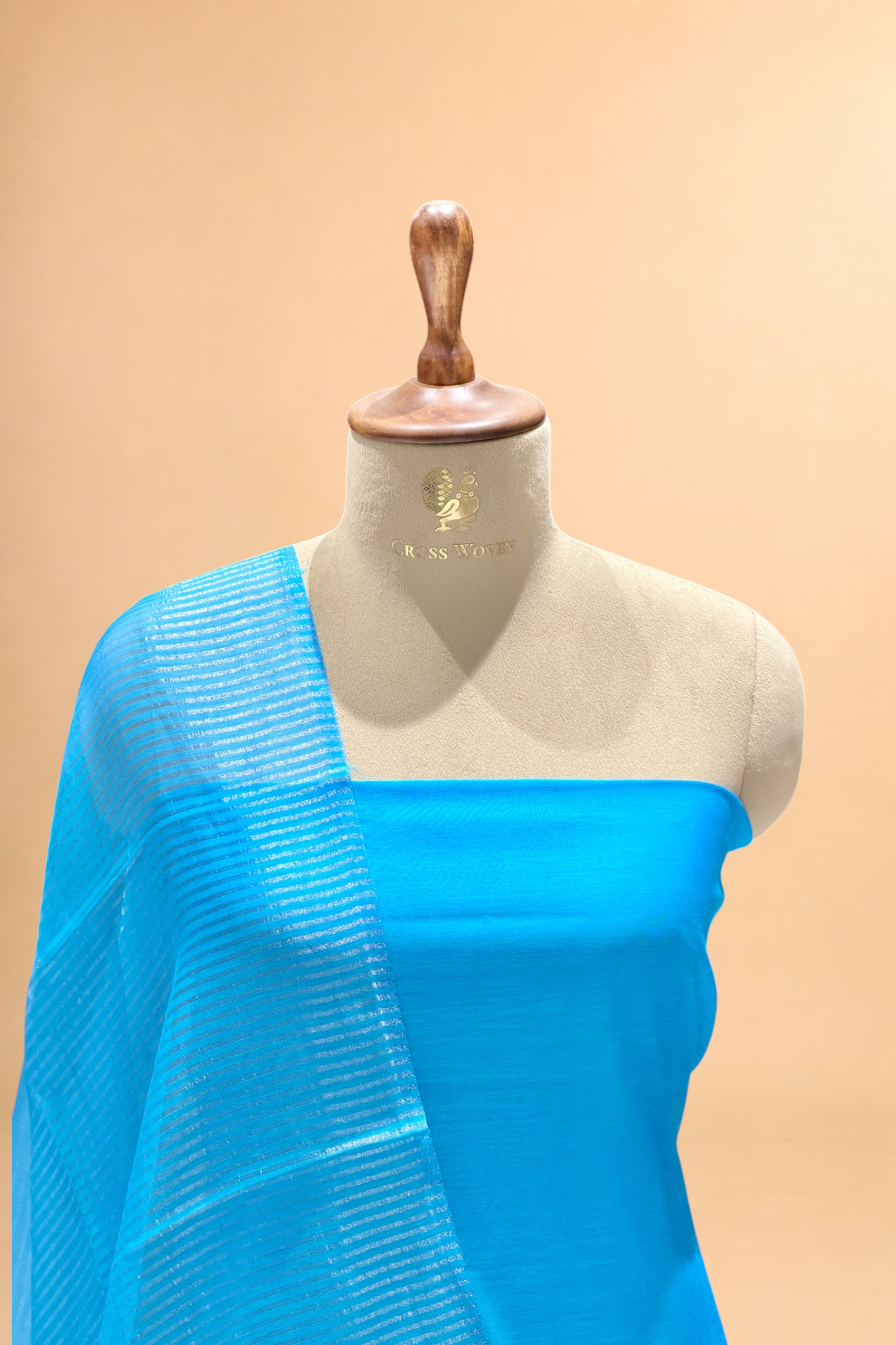Turquoise Blue Mul Suit Set with Tissue Panel Top & Stripe Dupatta