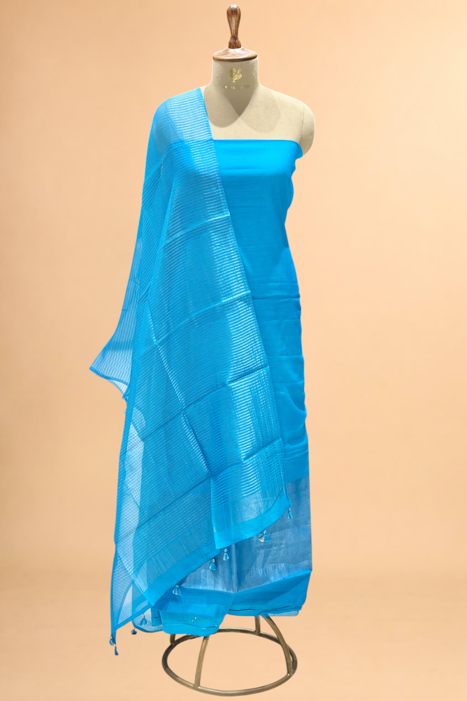 Turquoise Blue Mul Suit Set with Tissue Panel Top & Stripe Dupatta