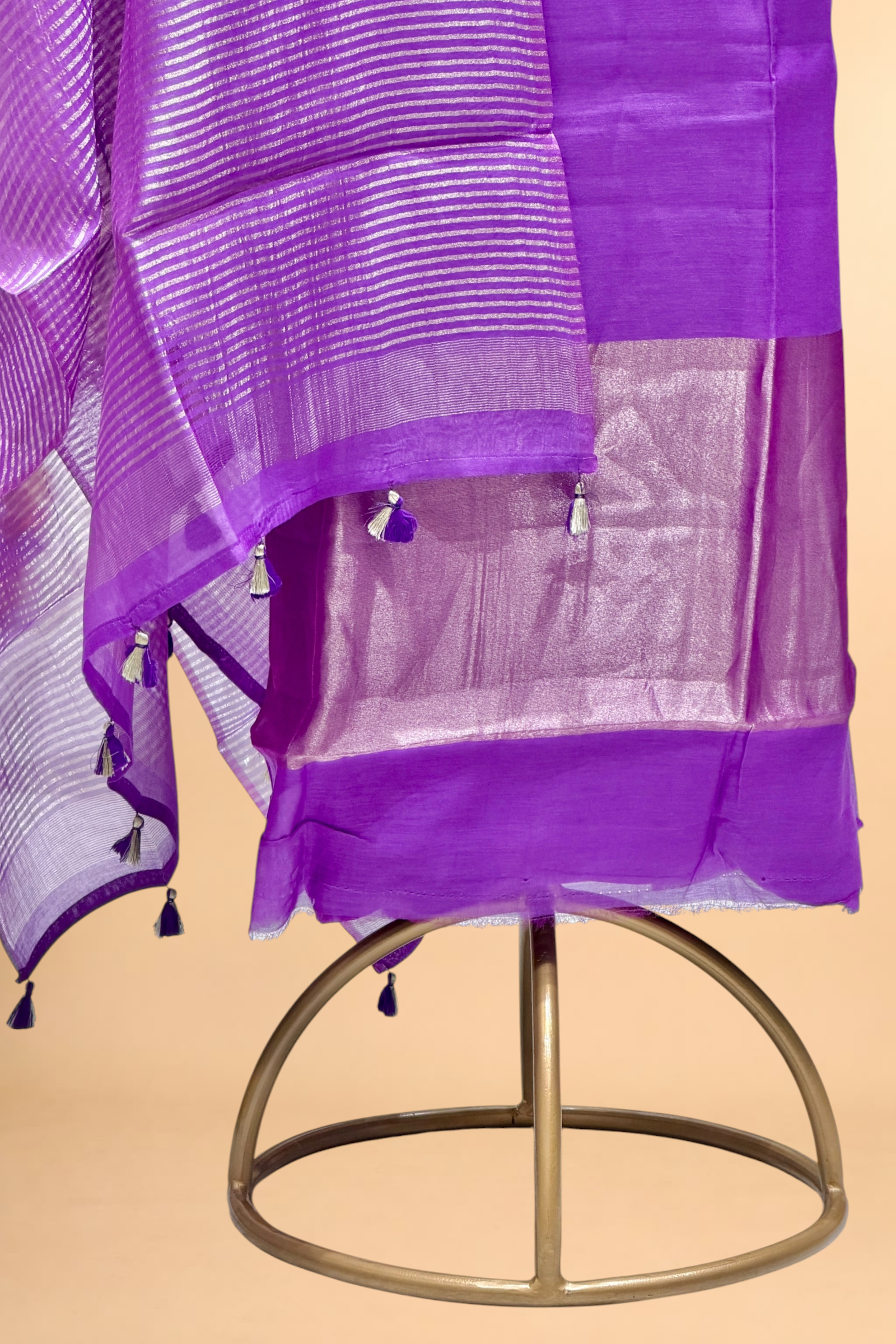 Royal Purple Mul Suit Set with Tissue Panel Top & Stripe Dupatta