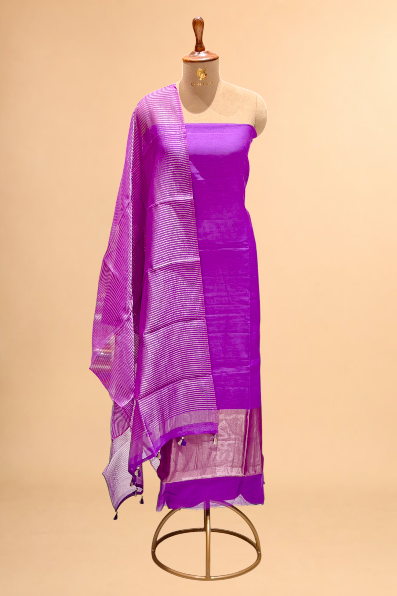 Royal Purple Mul Suit Set with Tissue Panel Top & Stripe Dupatta