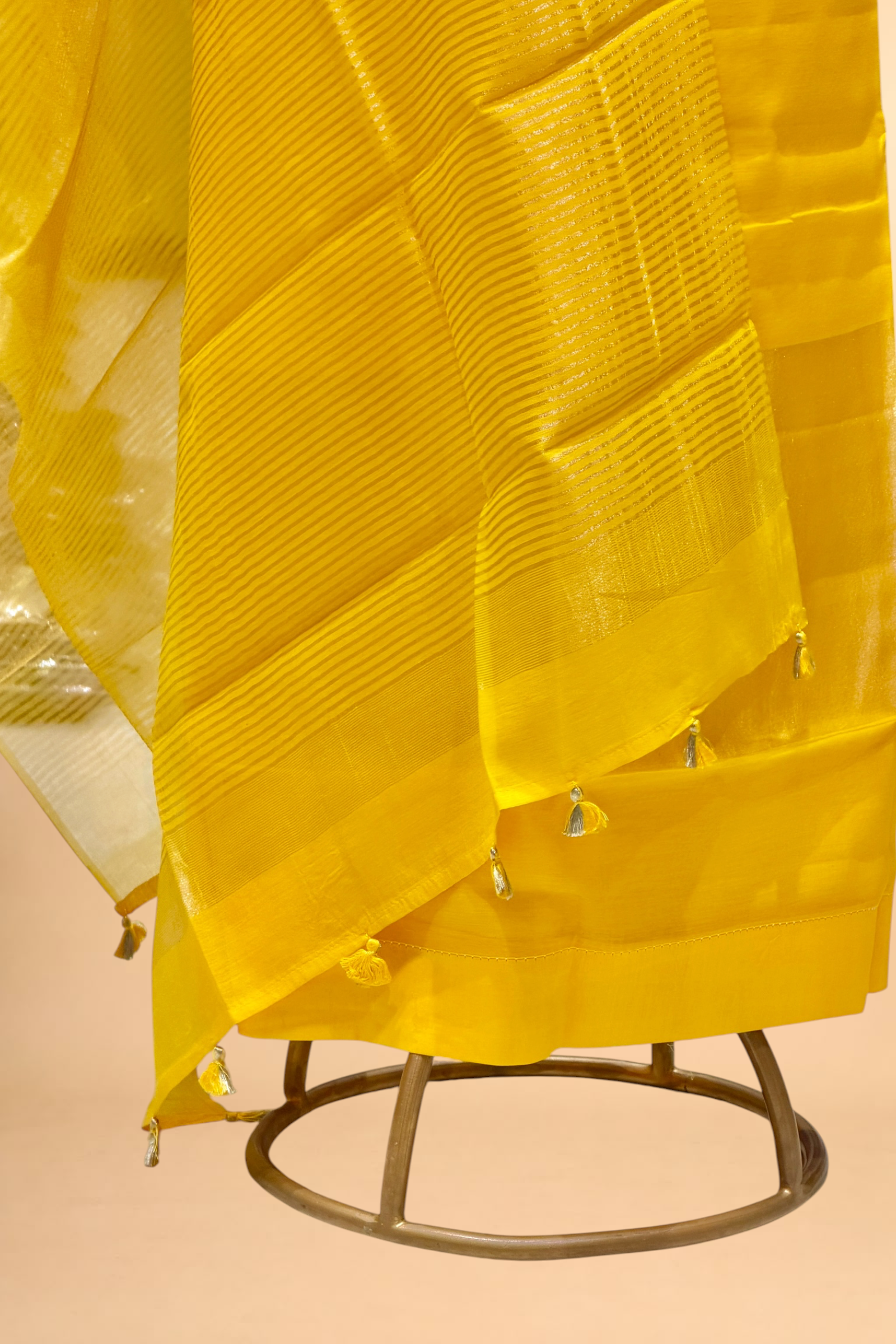 Sunshine Yellow Mul Suit Set with Tissue Panel Top & Stripe Dupatta