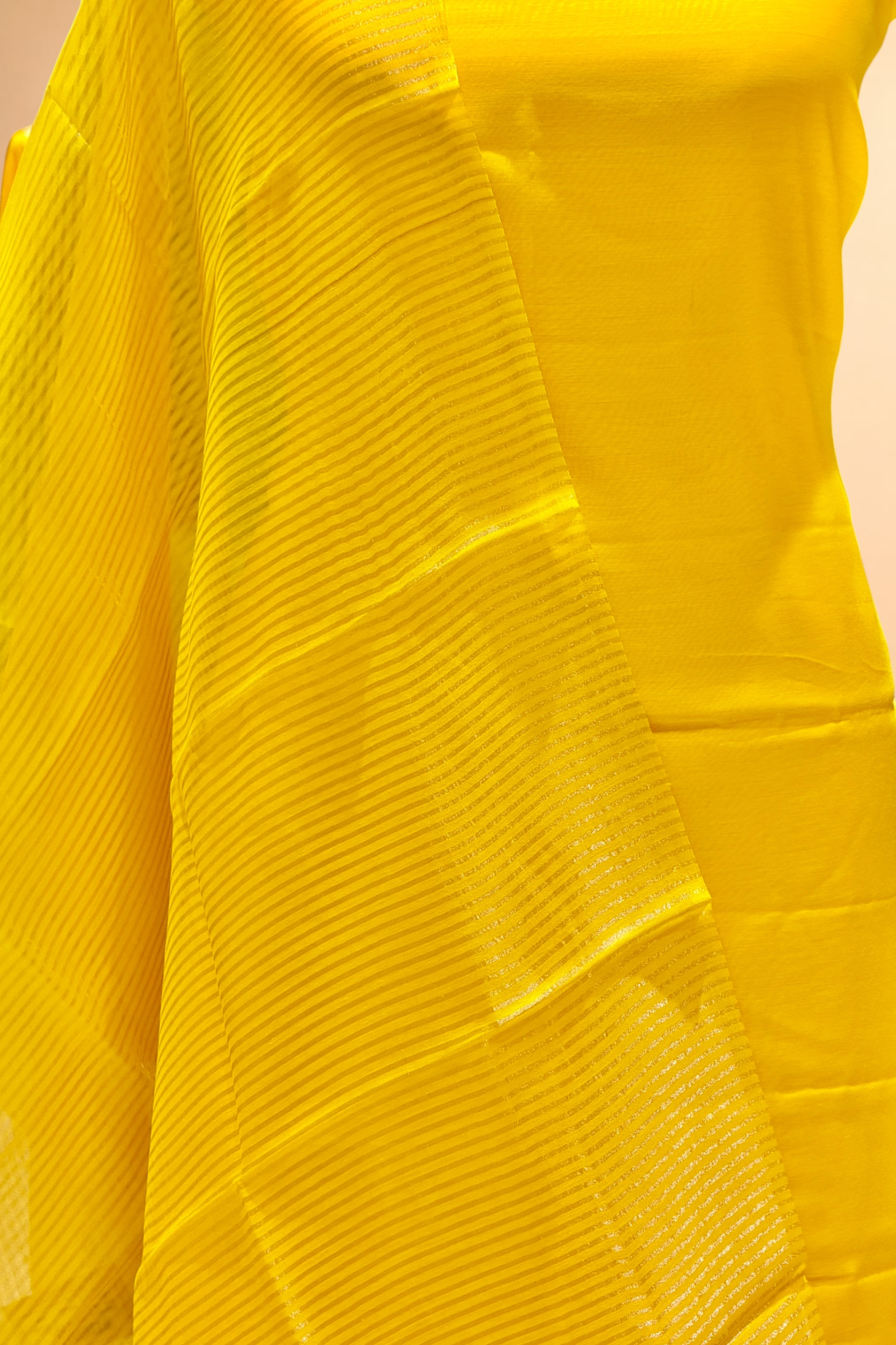 Sunshine Yellow Mul Suit Set with Tissue Panel Top & Stripe Dupatta