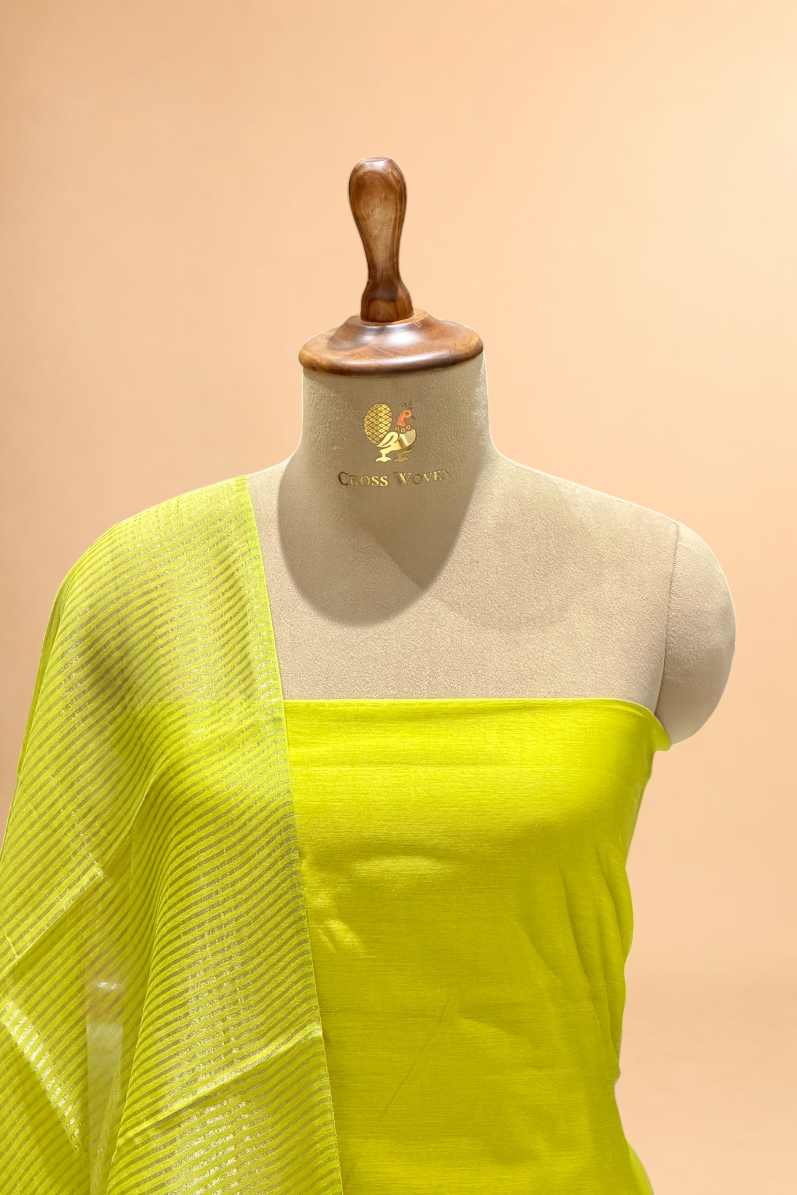 Lime Green Mul Suit Set with Tissue Panel Top & Stripe Dupatta