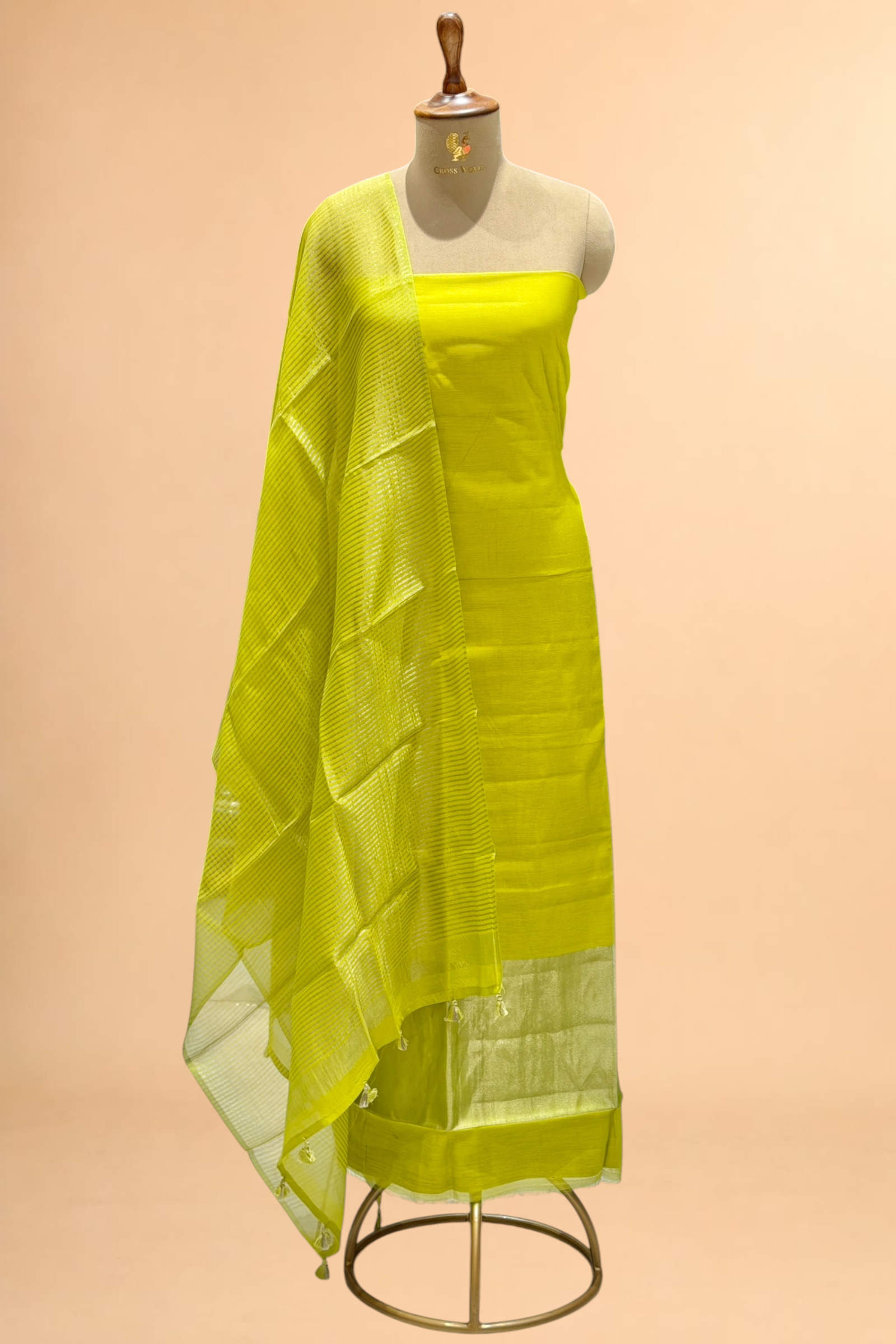 Lime Green Mul Suit Set with Tissue Panel Top & Stripe Dupatta