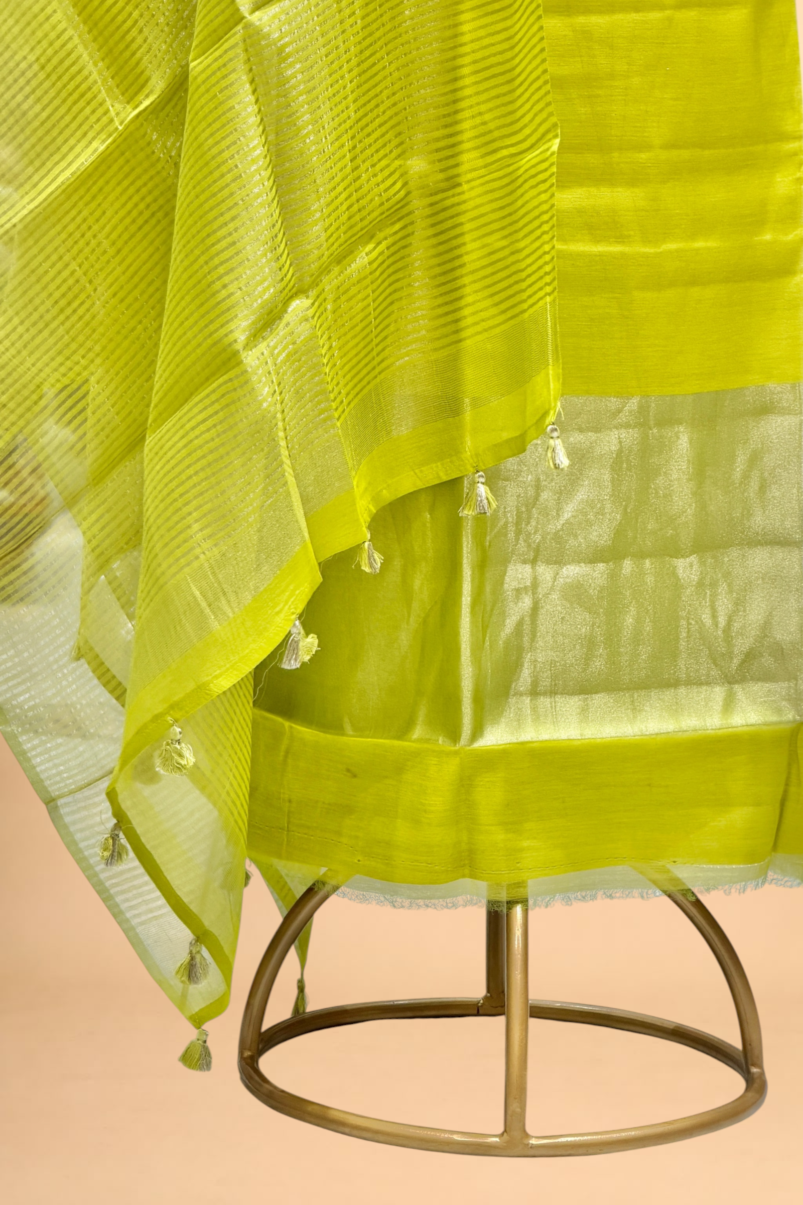 Lime Green Mul Suit Set with Tissue Panel Top & Stripe Dupatta