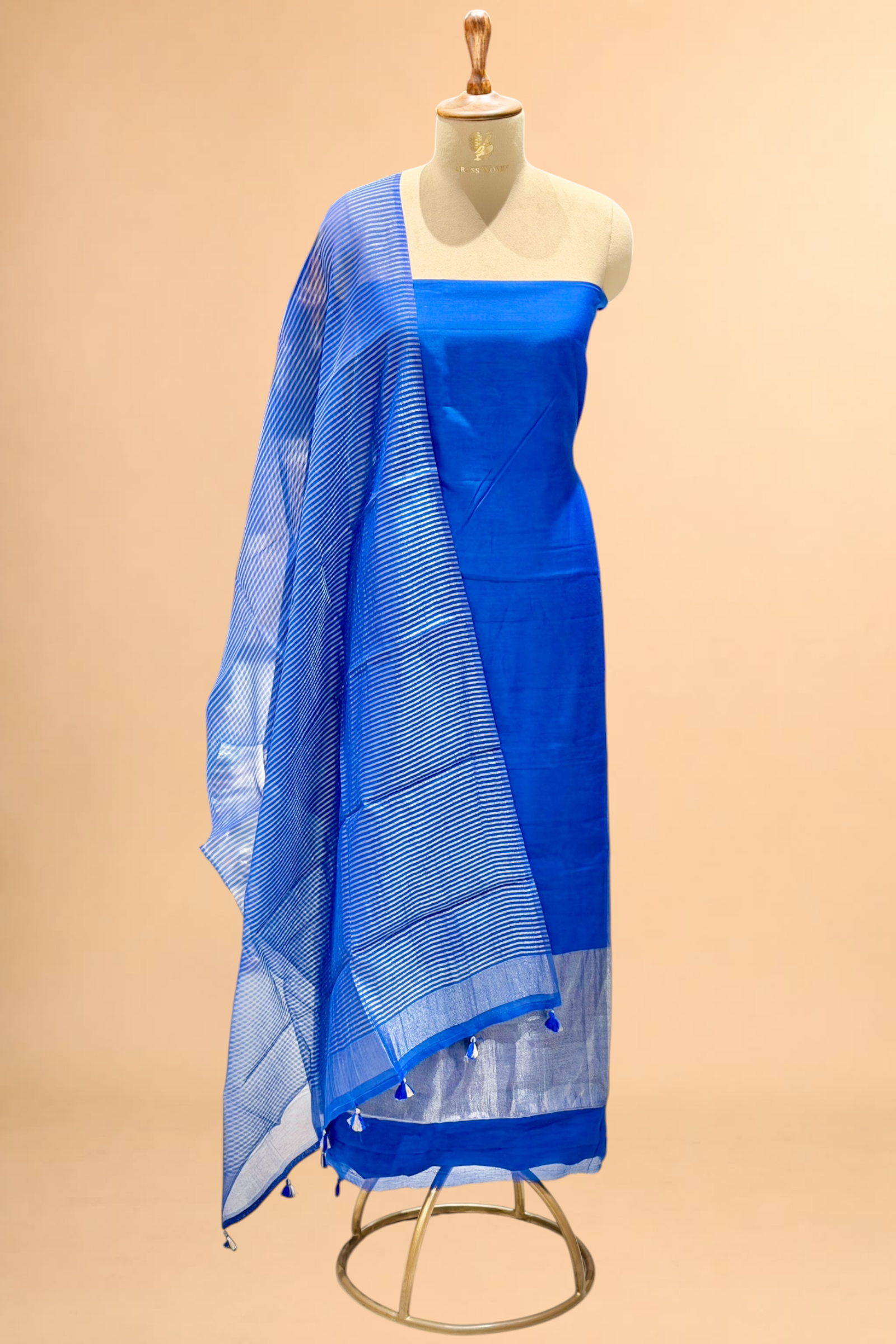 Royal Blue Mul Suit Set with Tissue Panel Top & Stripe Dupatta