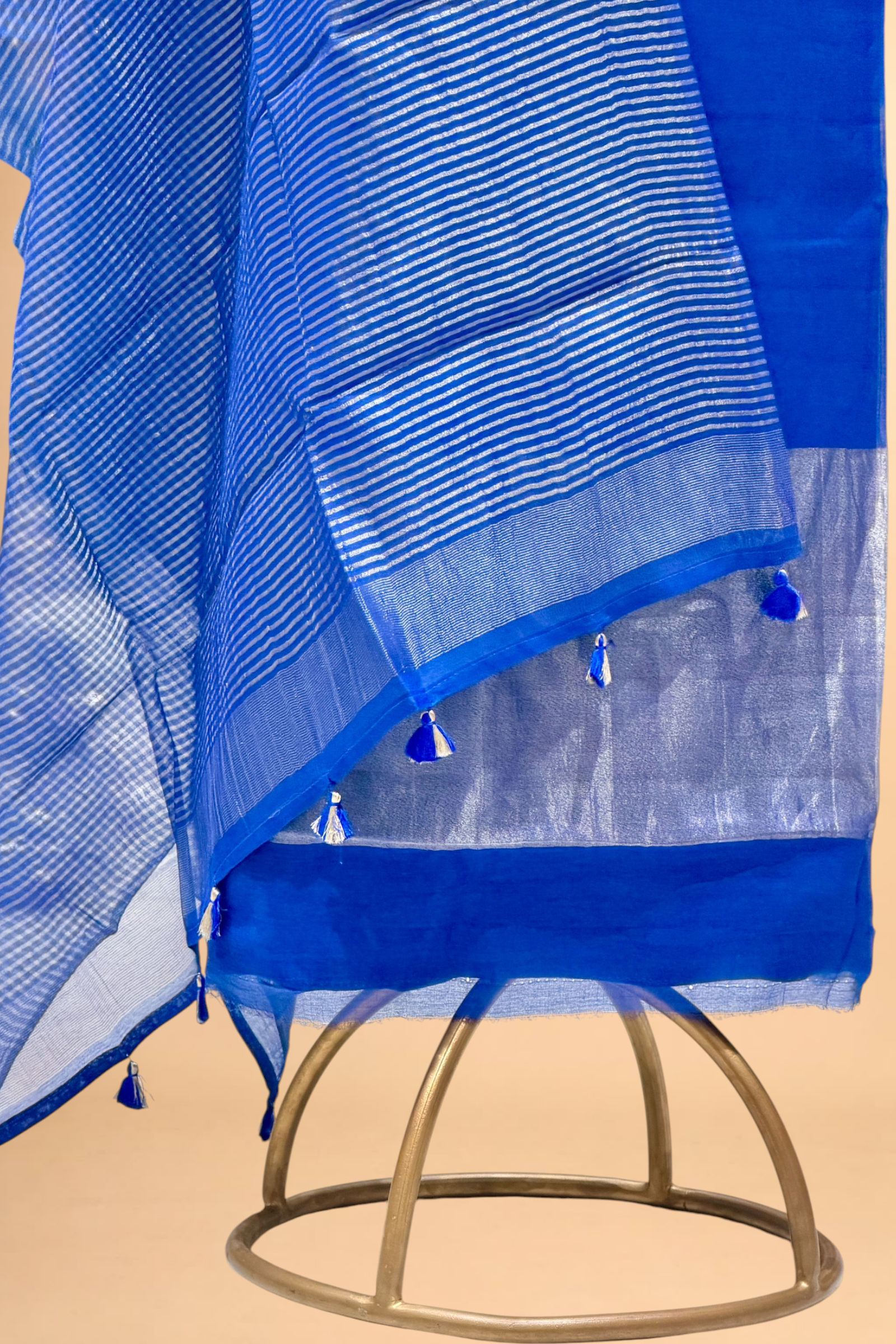 Royal Blue Mul Suit Set with Tissue Panel Top & Stripe Dupatta