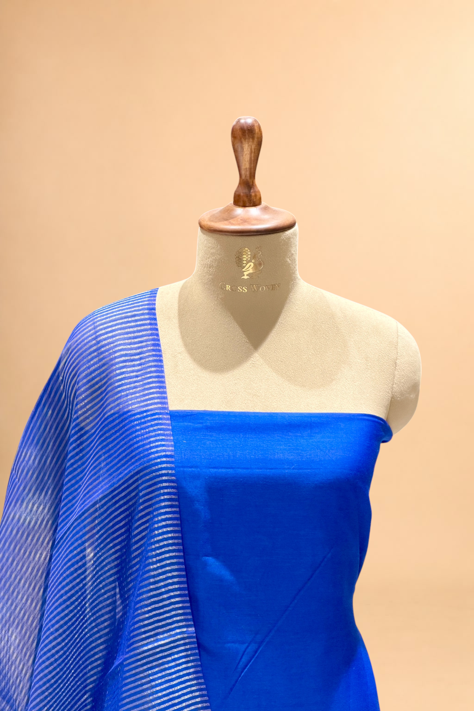 Royal Blue Mul Suit Set with Tissue Panel Top & Stripe Dupatta