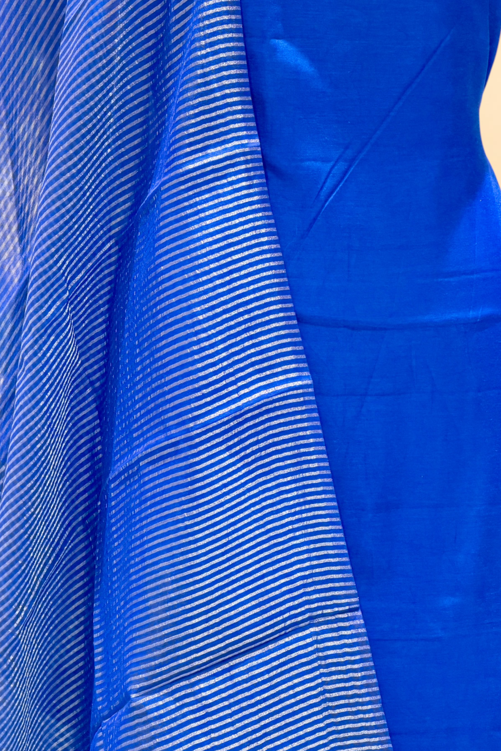 Royal Blue Mul Suit Set with Tissue Panel Top & Stripe Dupatta