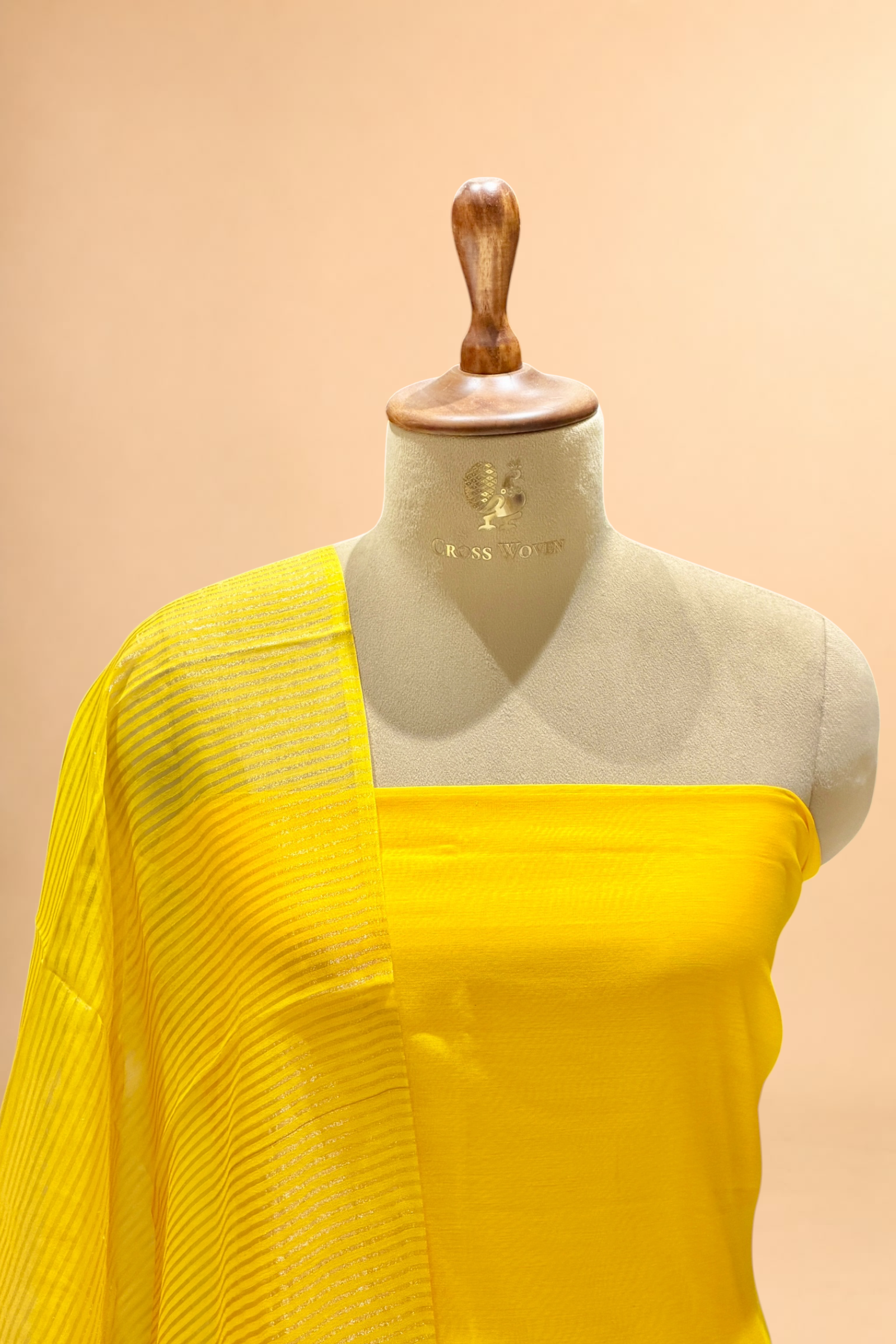 Sunshine Yellow Mul Suit Set with Tissue Panel Top & Stripe Dupatta
