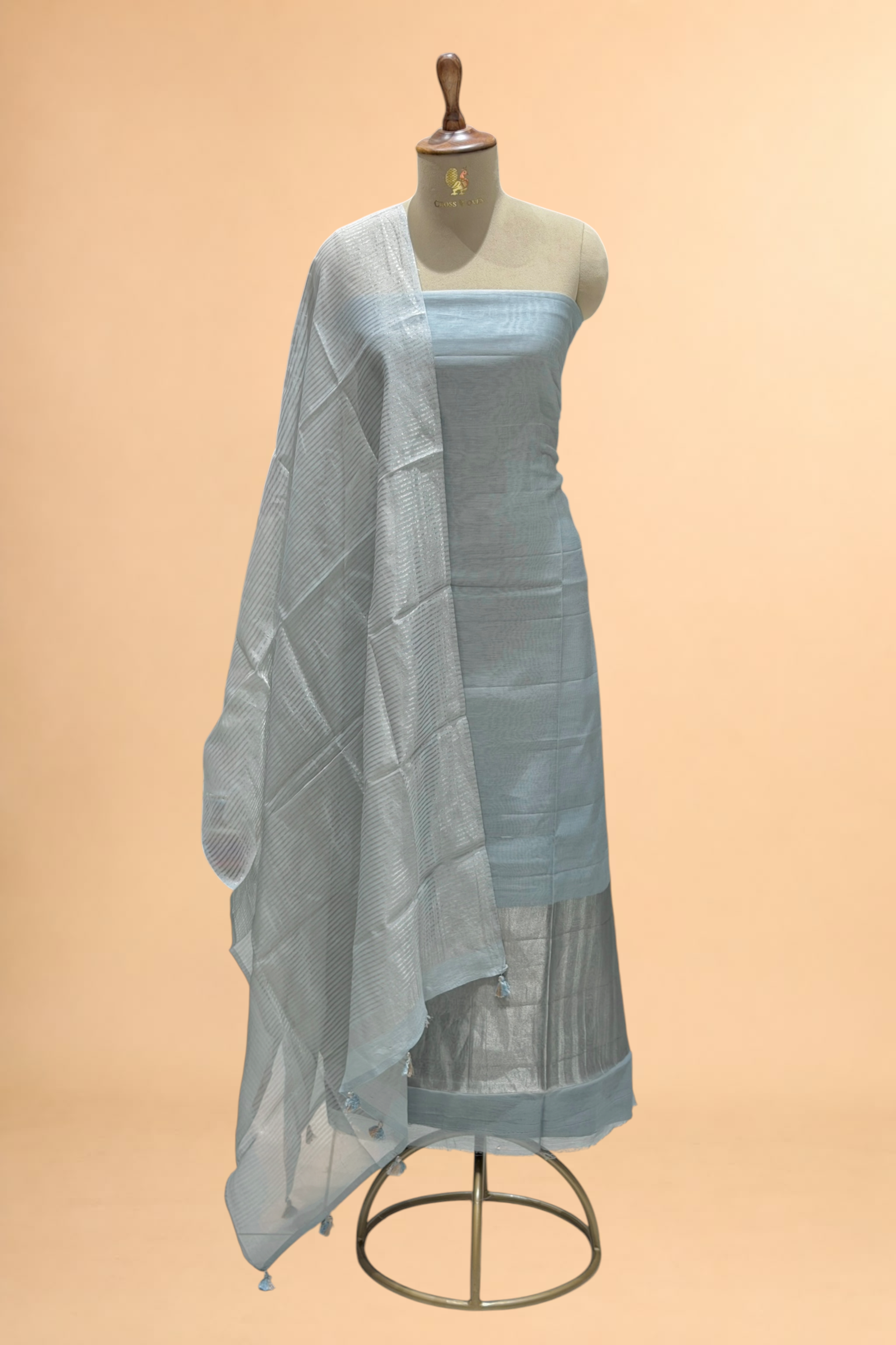 Grey Mul Suit Set with Tissue Panel Top & Stripe Dupatta