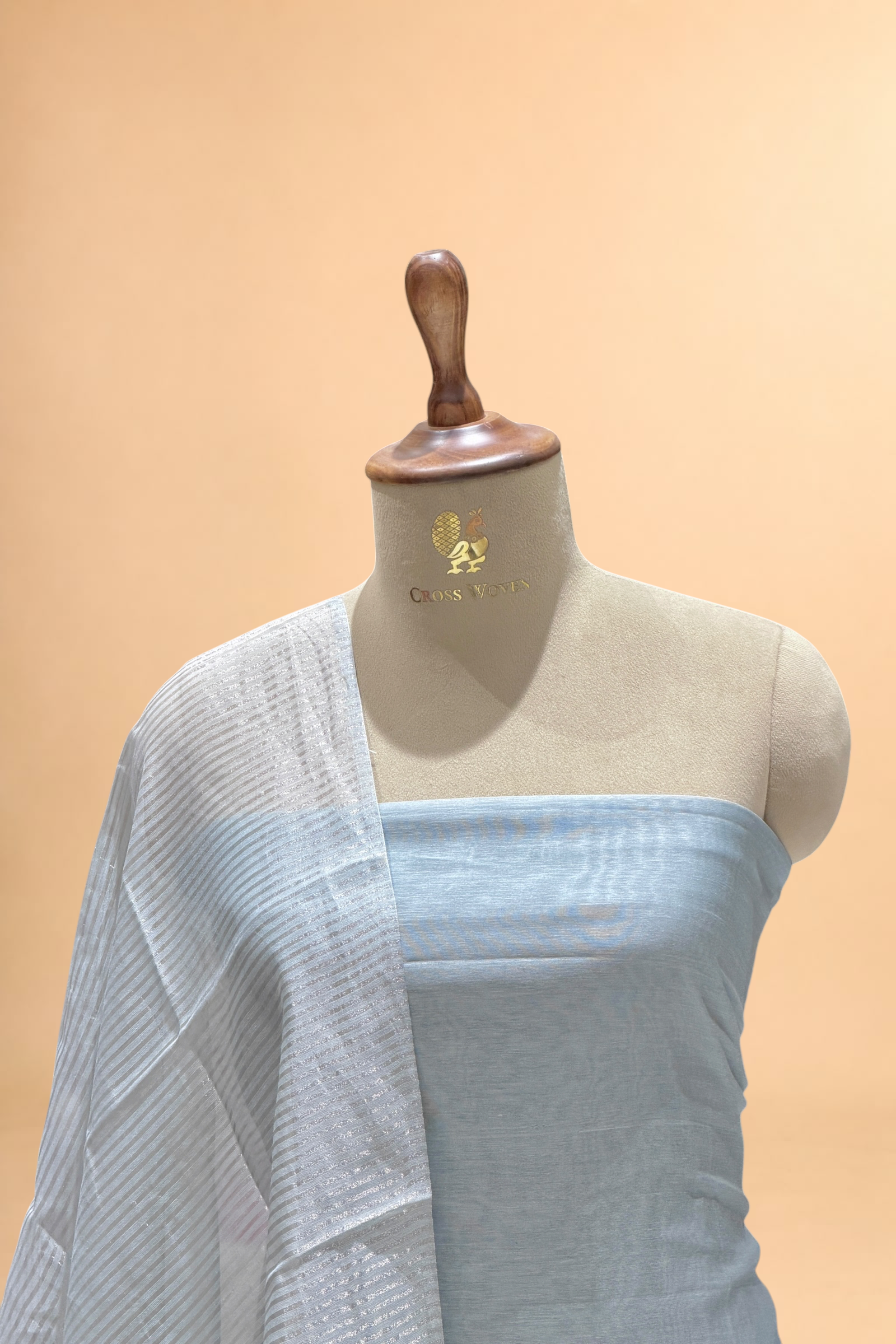 Grey Mul Suit Set with Tissue Panel Top & Stripe Dupatta
