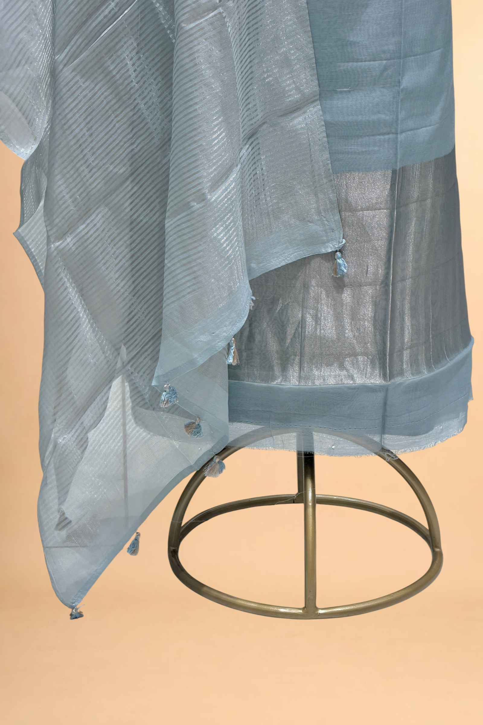 Grey Mul Suit Set with Tissue Panel Top & Stripe Dupatta