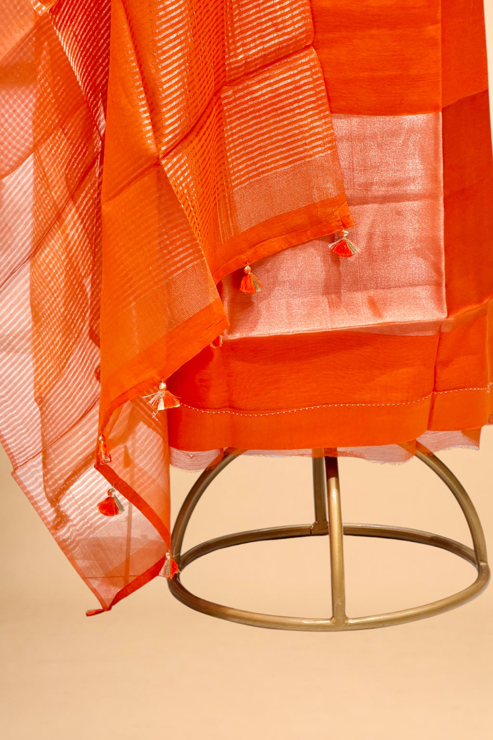 Vibrant Orange Mul Suit Set with Tissue Panel Top & Stripe Dupatta
