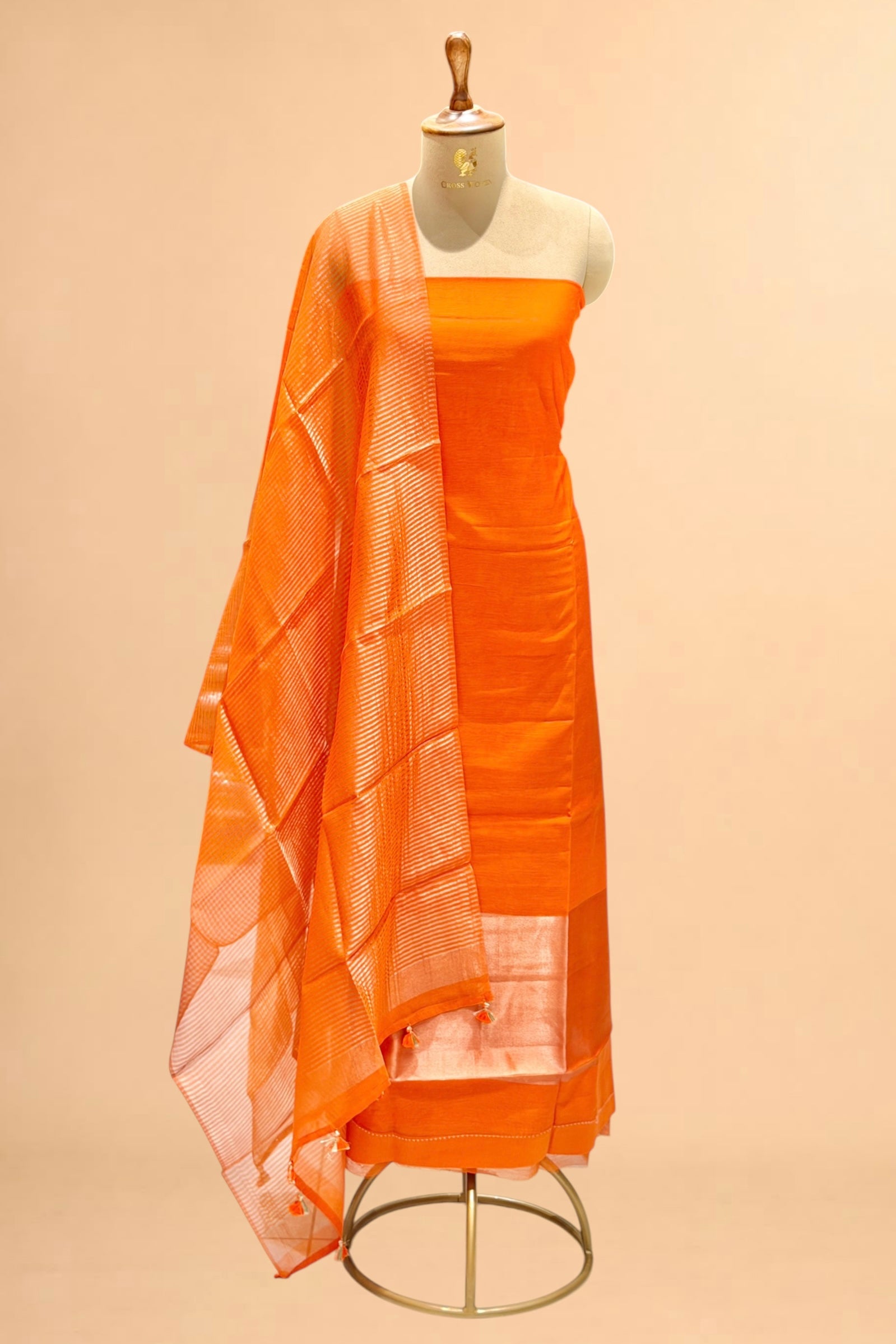 Vibrant Orange Mul Suit Set with Tissue Panel Top & Stripe Dupatta